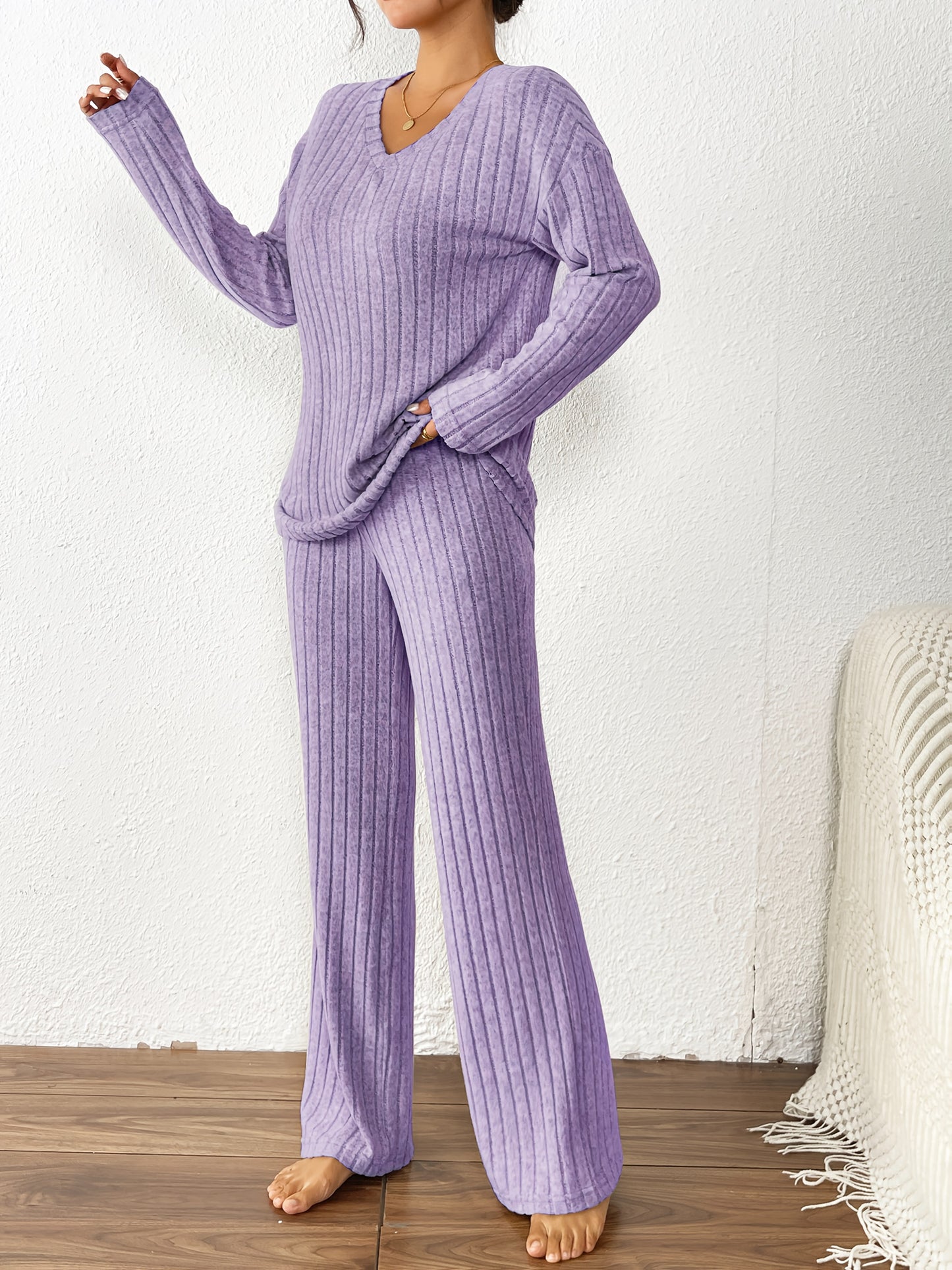 Cozy Ribbed V-Neck Top & Wide-Leg Pants Set - Soft Purple, Long Sleeve, Loose Fit, Perfect for Fall/Winter, Casual Wear|Vneck Top|Ribbed Texture