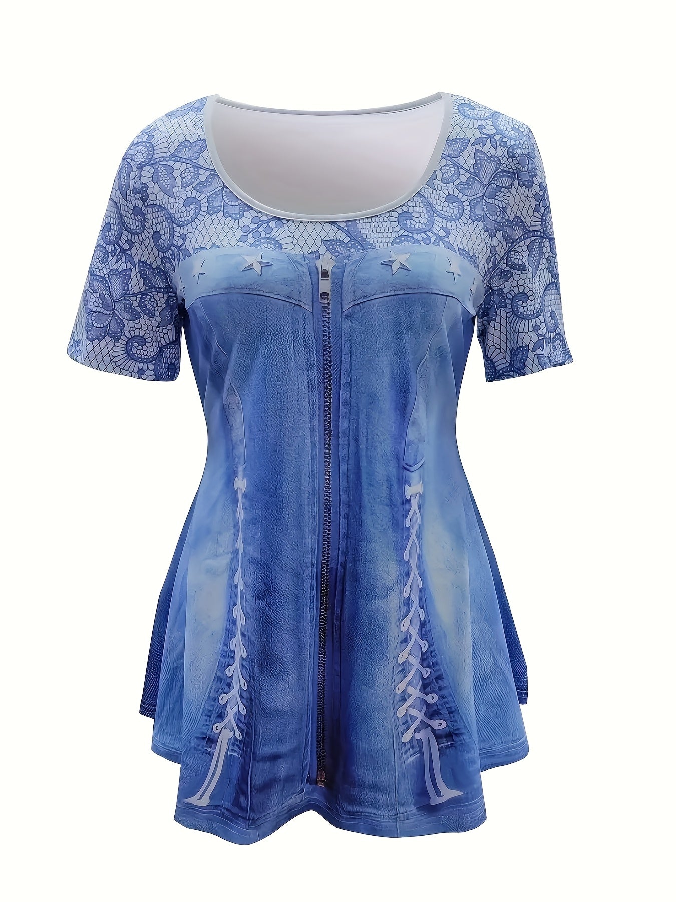 Plus Size 3D Printed Round Neck Casual Short Sleeve T-Shirt And Fitted Long Pants Set - [imitation denim