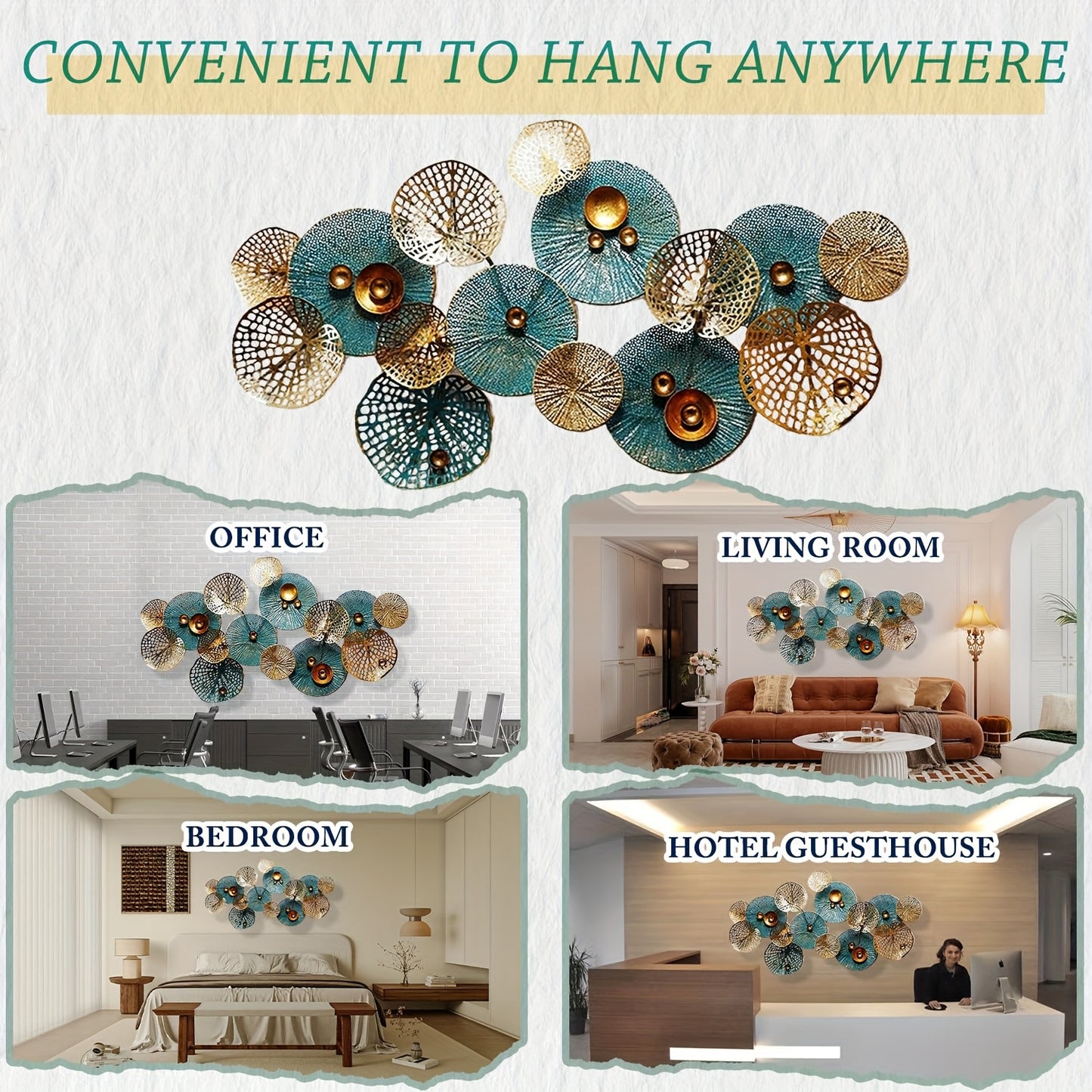 Boho Style Metal Wall Art, 3D Floral Sculpture, Self-Adhesive Glitter Flower Wall Decor, Reusable Multi-Surface Leaf Pattern, Shimmery Finish, with No Battery Required for Living Room, Bedroom, Kitchen