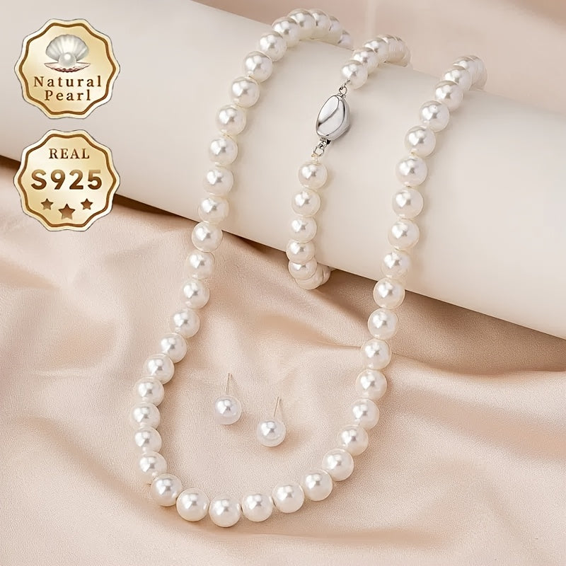 925 Sterling Silvery Freshwater Cultured Pearl Necklace Set with Stunning Bracelet and Stud Jewelry Set - Gift Giving, Banquet, Party, Fall/Winter Sweater Accessories