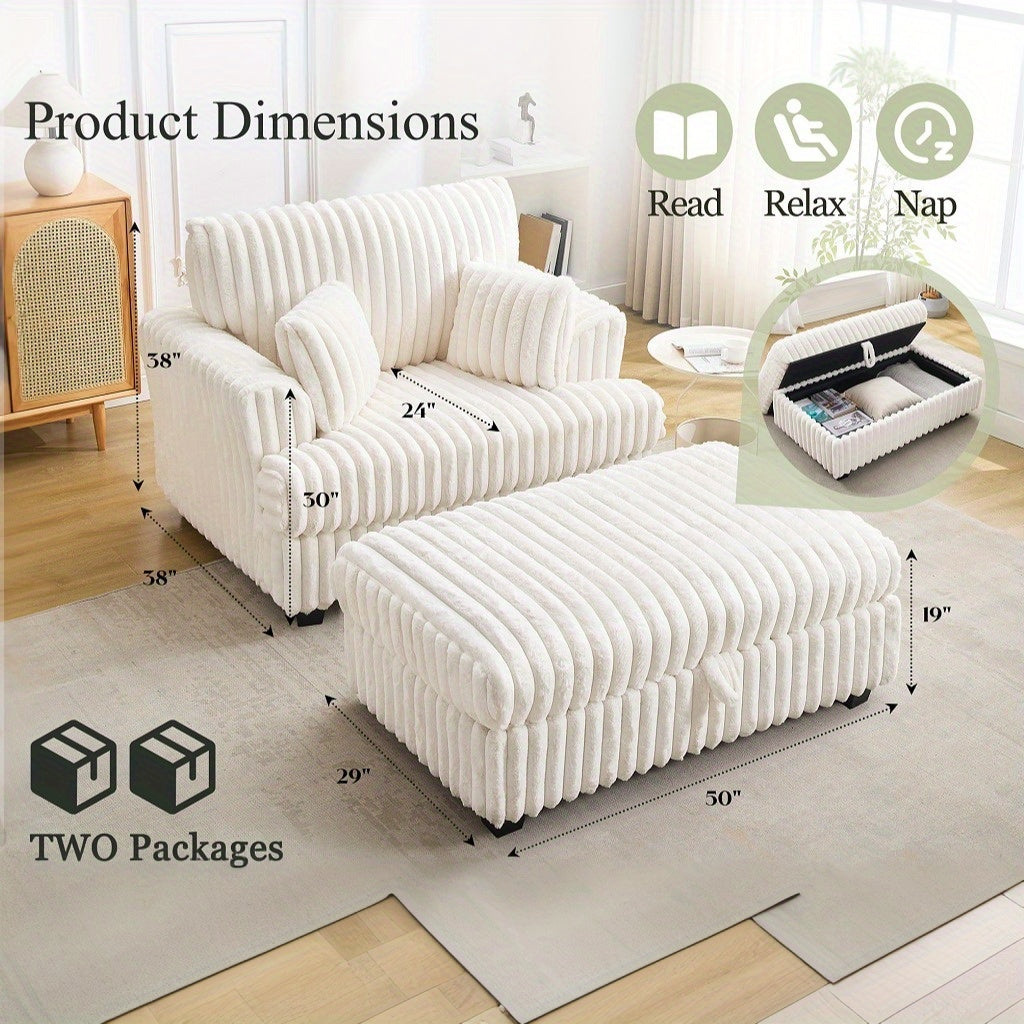 JOCISLAND 50" Indoor Chaise Lounge Chair and Ottoman Set - Oversized Lounge with Storage, Armrests, and Throw Pillows for Living Room