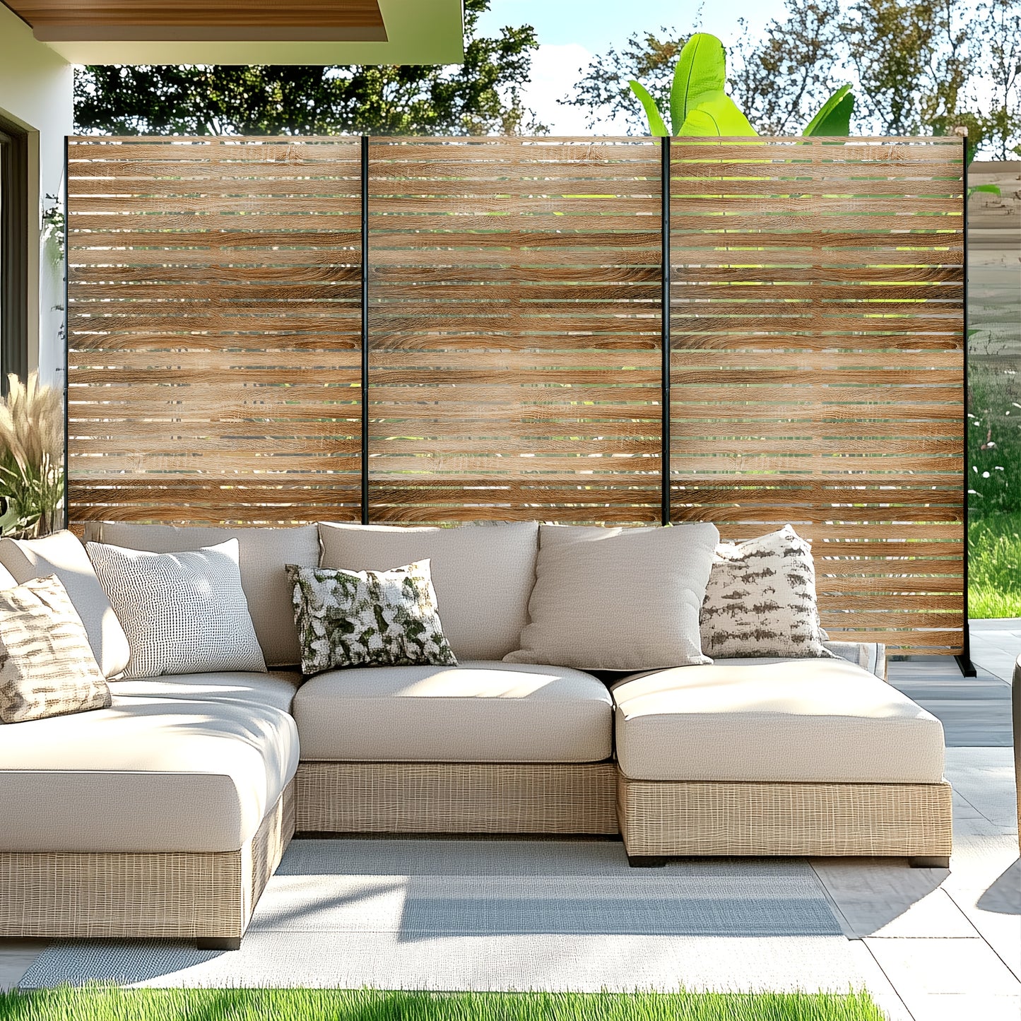 Natural Wood-Look Metal Privacy Screen, 4ft x 6ft - Freestanding Outdoor Fence with Bracket for Patio, Balcony, Backyard & Garden, Decorative Privacy Screen Panel, Metal Outdoor, 4ft W X 6ft H