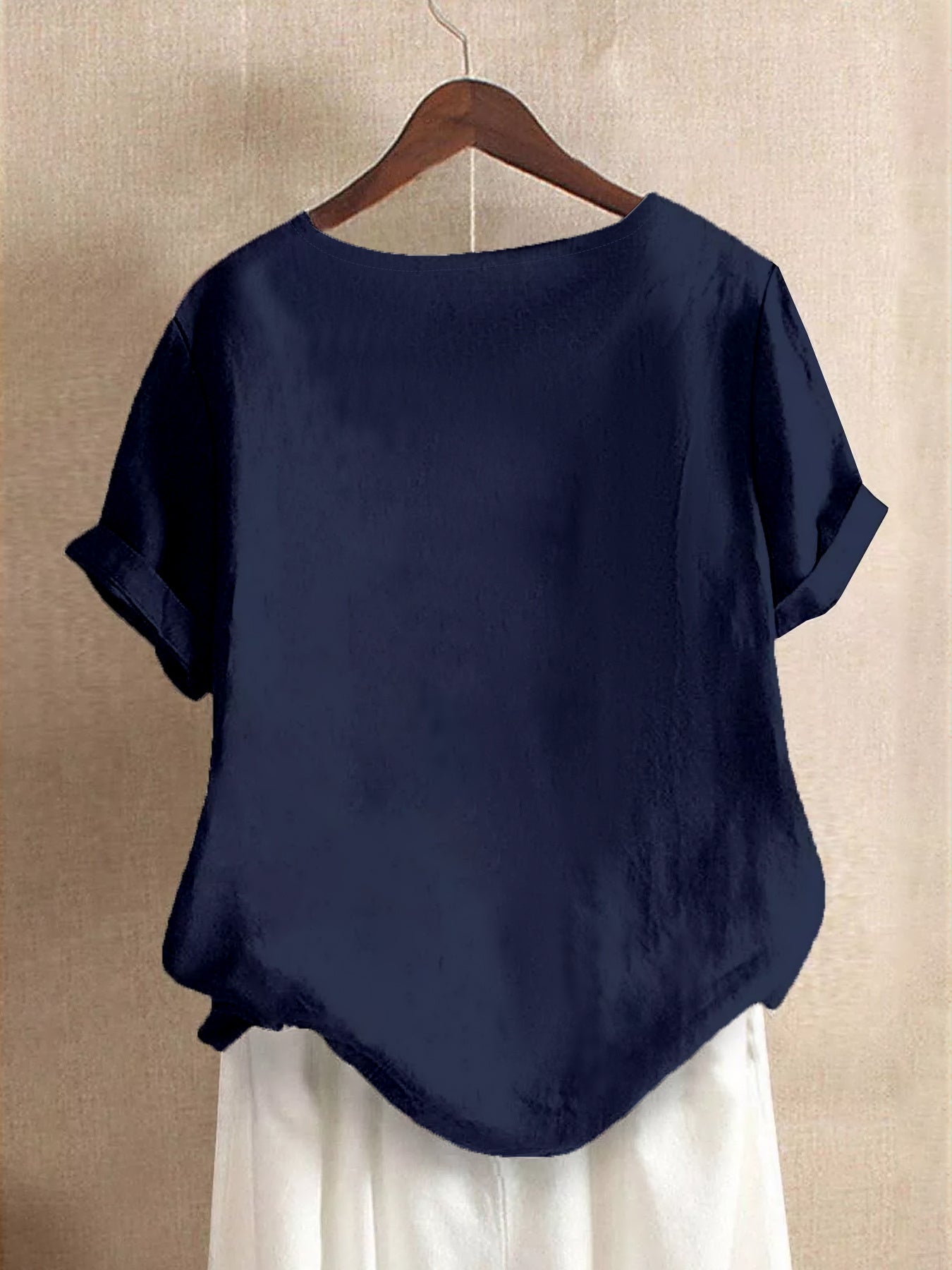 Women'S Relaxed Fit Short Sleeve Blouse with Floral Pattern - Navy Blue, Round Neck, Button-Up, Casual Style, All-Season Wear, Casual Wear Blouse | Floral Pattern Top | Durable Fabric, Ladies T Shirts
