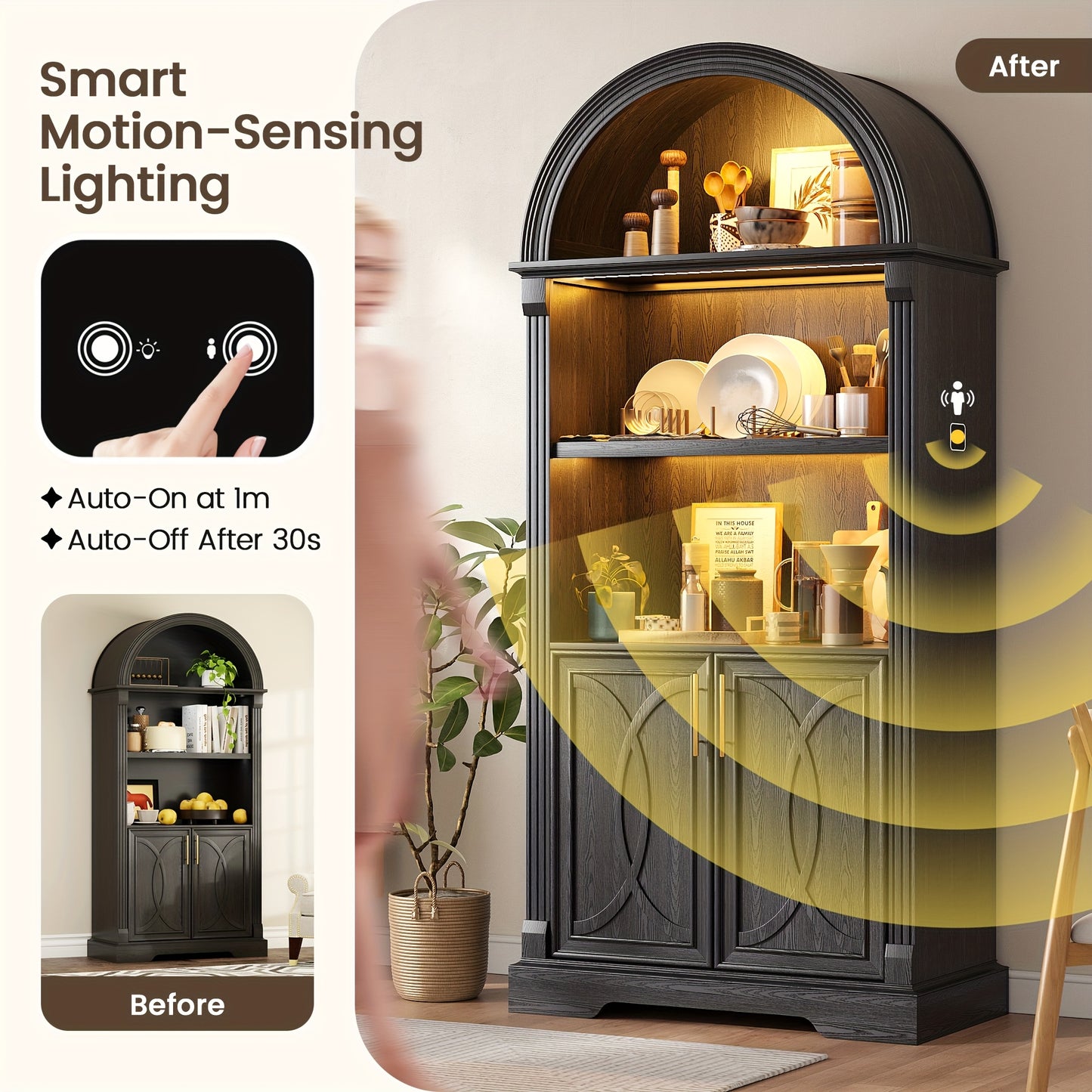 HWB 71" Tall Arched Kitchen Pantry Cabinet with LED Lights - Adjustable Shelves, Open Storage for China, Books & Kitchenware, Modern Wood Cabinet