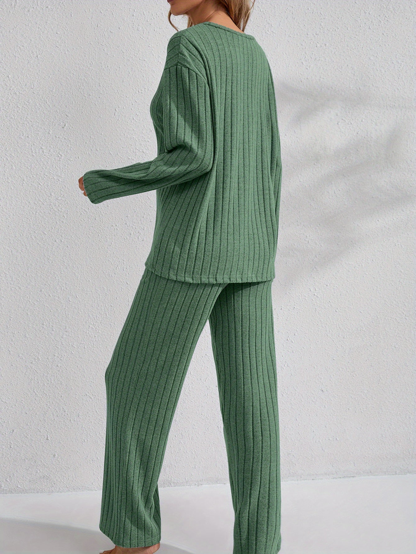 V-Neck Long Sleeve Top & Straight Leg Pants, Olive Green, Comfortable Polyester Blend for Casual Attire, Versatile Clothing|Ribbed Texture Design|Polyester Blend Set, Ribbed Knit Clothing