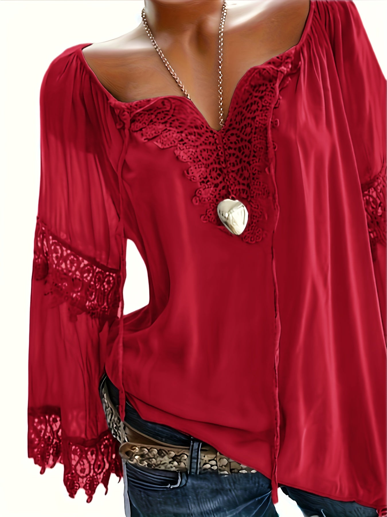 Women's Spring-Summer New Solid Color Contrast Lace Shirt Top
