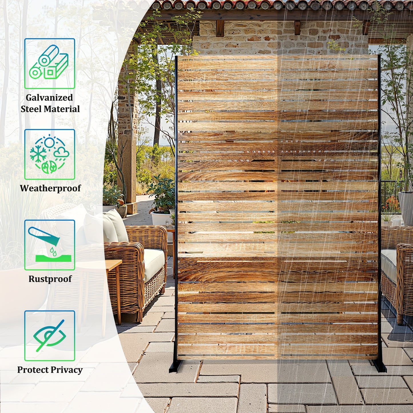 Natural Wood-Look Metal Privacy Screen, 4ft x 6ft - Freestanding Outdoor Fence with Bracket for Patio, Balcony, Backyard & Garden, Decorative Privacy Screen Panel, Metal Outdoor, 4ft W X 6ft H