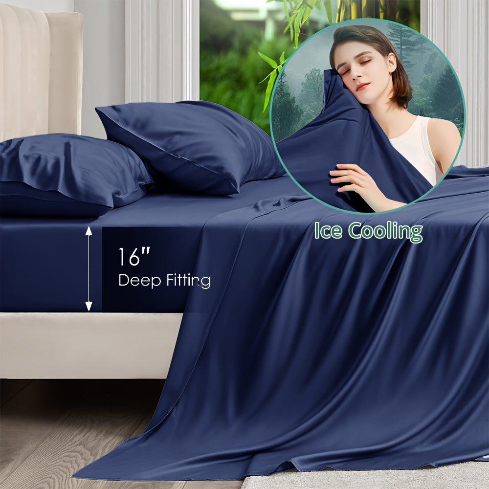 4pcs Cooling Bamboo Blend Bed Sheet Set, Deep Pocket 20" Bed Sheet, Creating A Five Star Hotel Like Luxurious Experience, Deep Pockets (Up To 20"), Wrinkle, Fade, Fitted Sheet+Flat Sheet+Pillowcase