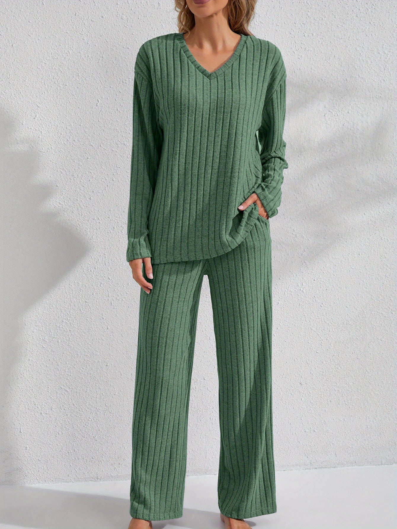 V-Neck Long Sleeve Top & Straight Leg Pants, Olive Green, Comfortable Polyester Blend for Casual Attire, Versatile Clothing|Ribbed Texture Design|Polyester Blend Set, Ribbed Knit Clothing