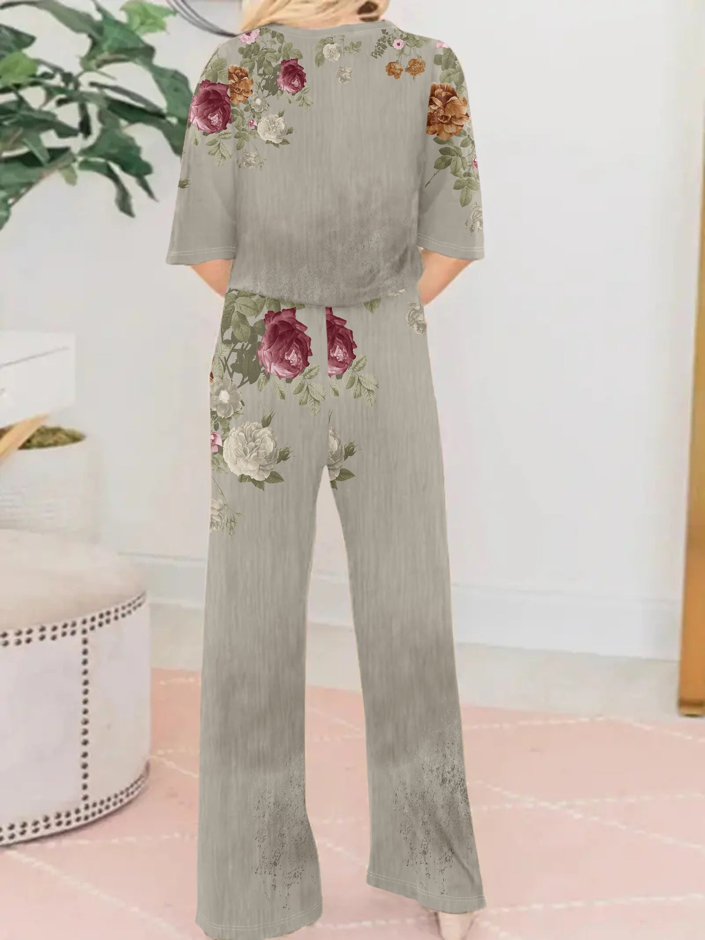 Vintage Floral Print Pants Set, Crew Neck Half Sleeve Top & Straight Leg Loose Pants, Women'S Clothing