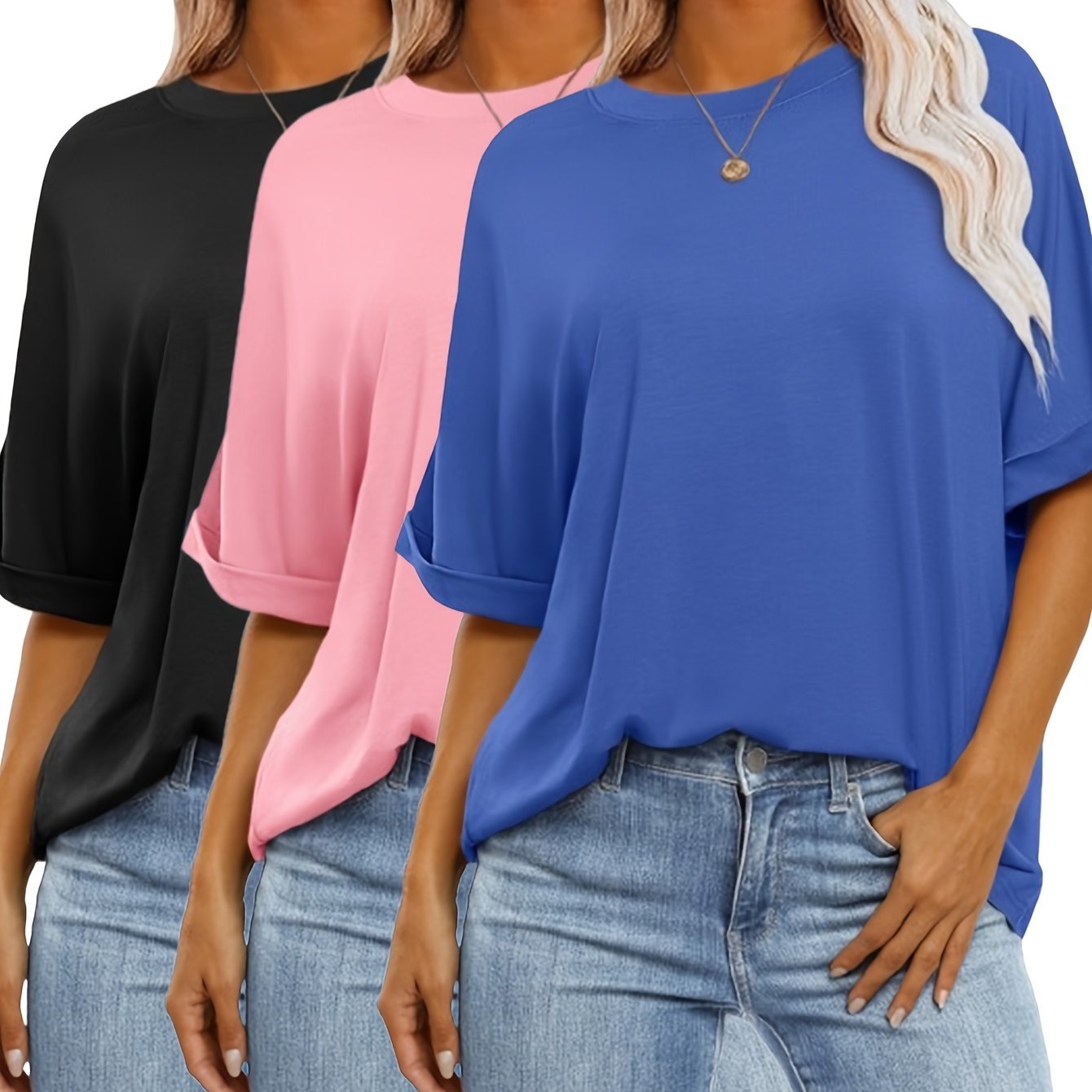Three-Piece Women's Top Set Oversized T-Shirt Short Sleeve Round Neck Summer Casual Loose Basic Tee 2025 Trendy Fashion Clothing