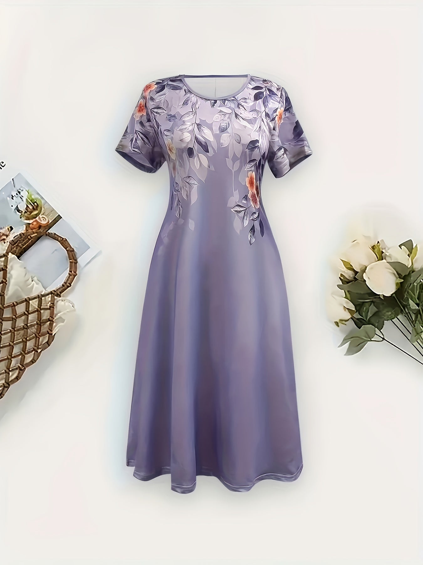 Women's Elegant Floral Print A-Line Midi Dress - Short Sleeve, Round Neck, Lightweight Polyester, Perfect for Spring/Summer Vacations, Beachwear Ready, Beach Dress, Attractive Skirts for Women, Summer Clothing Promotion for L