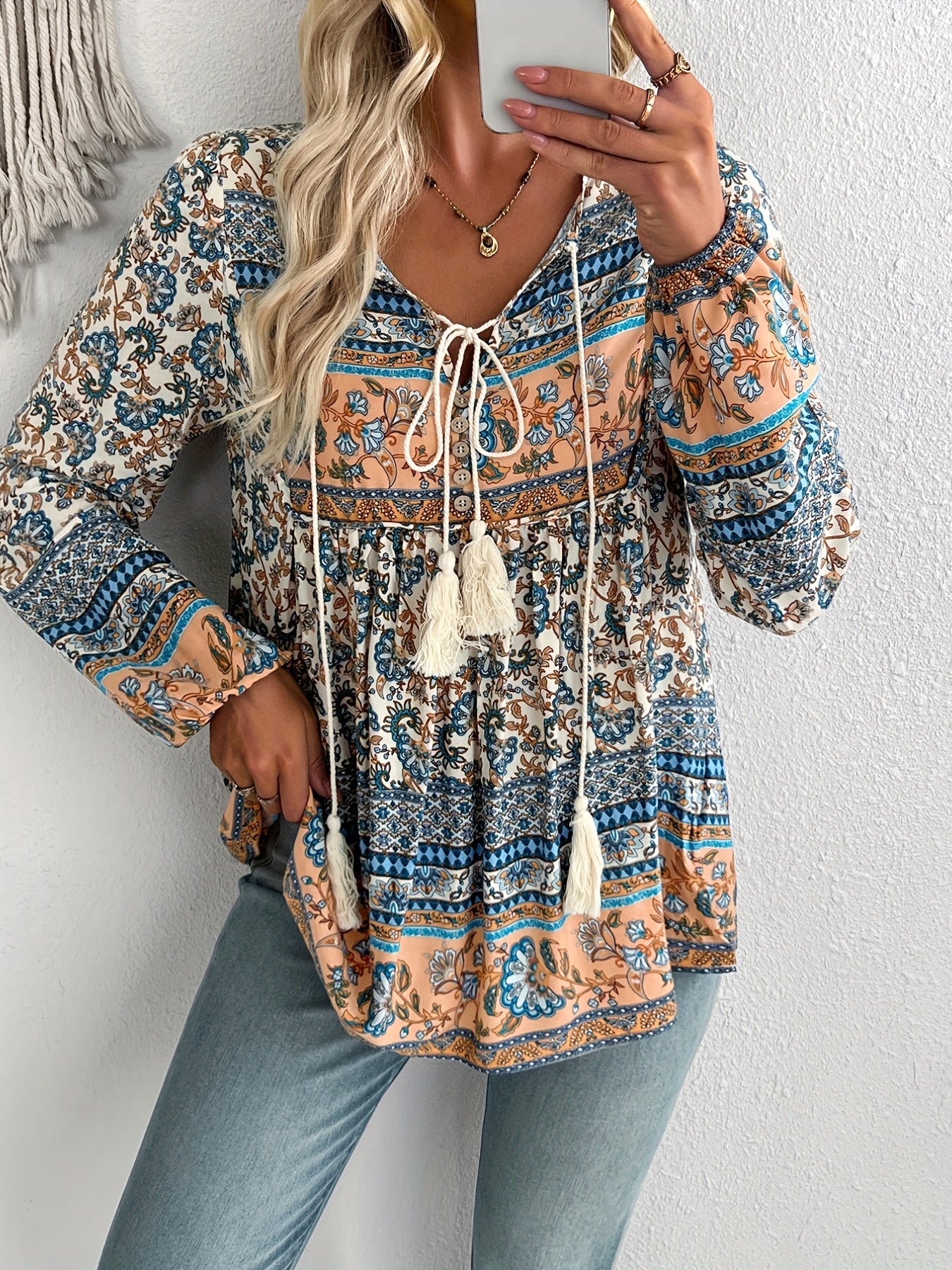 ZAFUL Women'S Lace-up Pendant Tassel Bohemian Print Shirt Top, Long Sleeve Loose Casual T-shirt