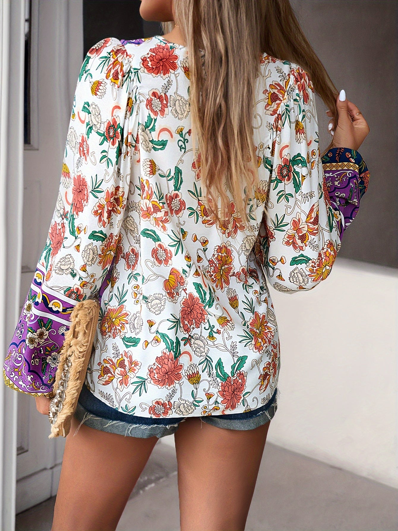 Women's Floral Print Lace-Up V-Neck Blouse - Casual Baggy Long Sleeve Shirt with Adjustable Wrist Ties, Lightweight Non-Stretch Fabric for Spring & Fall, Machine Washable, Long Sleeve Blouse, Everyday Stylish Top, Asymmetrica