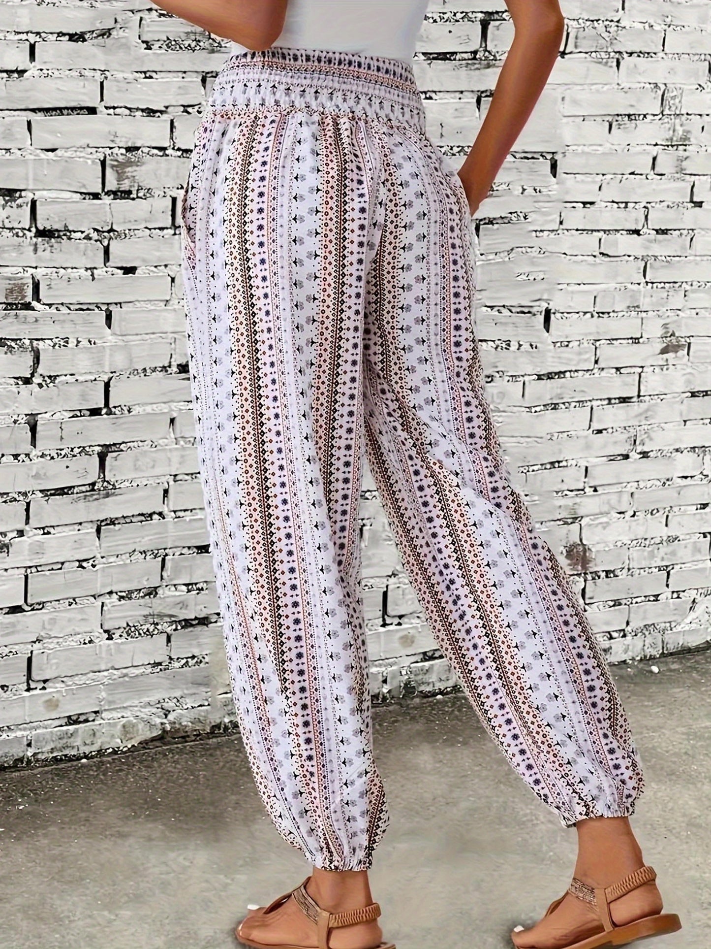 Women's Loose Fit Linen-Textured Polyester Harem Pants - Casual Summer Tapered Ankle Trousers with Pockets, Elastic Waist & Button Closure, Random Print for Outdoor