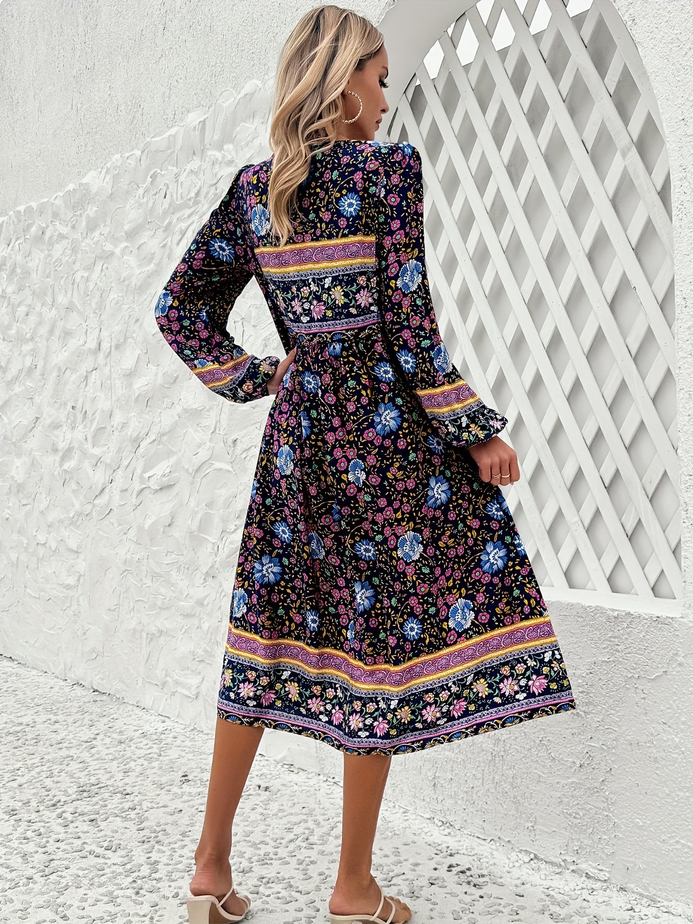 ZAFUL Women's Casual Loose Bohemian Tassel Print Long Sleeve Dress