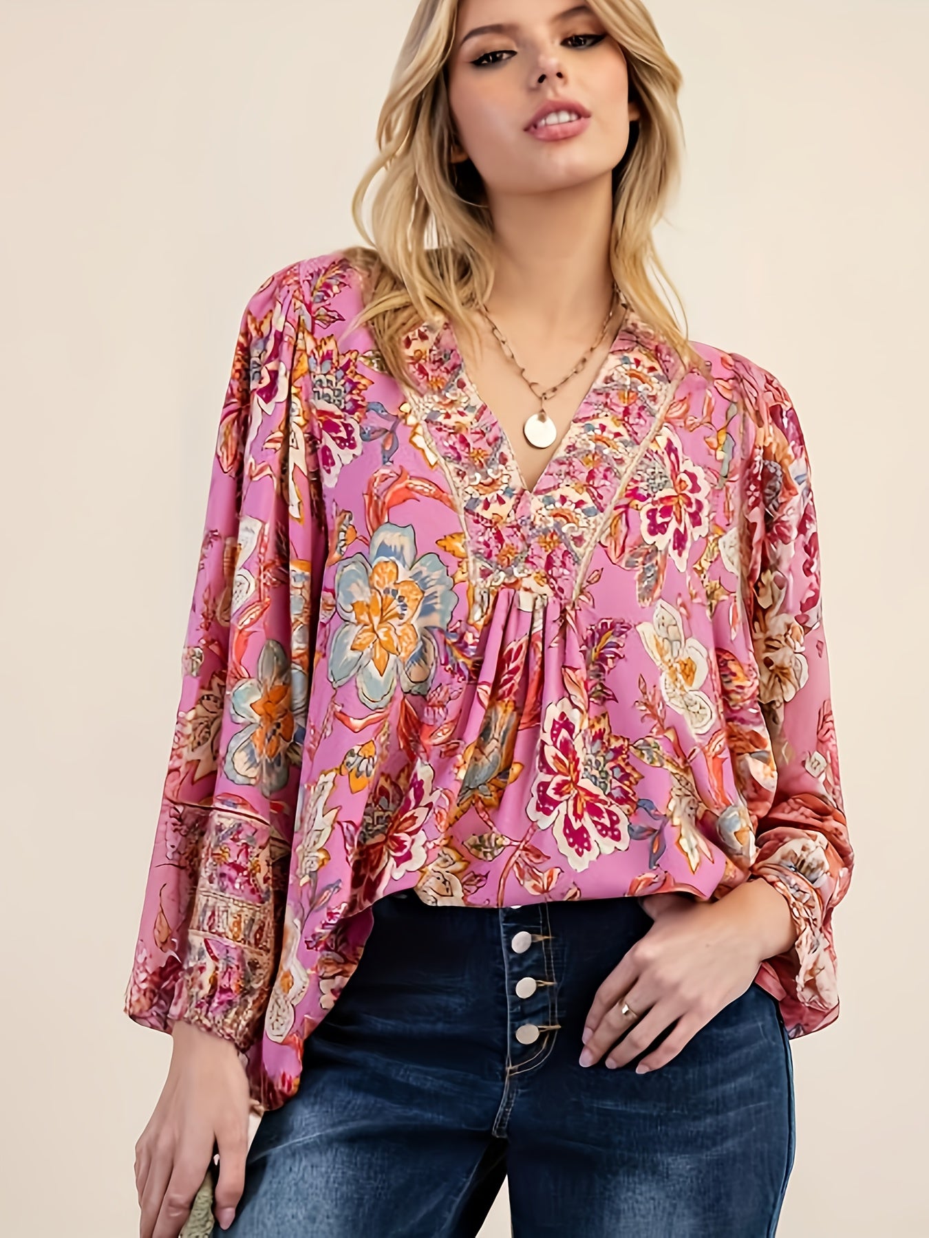 Boho Floral Print V-Neck Blouse For Women - Long Sleeve Lightweight Tunic Top With Embroidered Details - Loose Fit Casual Shirt For Spring & Summer, Perfect With Jeans Or Shorts