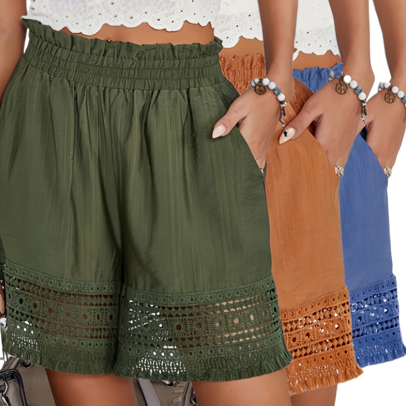 ZAFUL Women'S Summer Bohemian Fringe Shorts in Green/Orange/Blue, Comfortable with Pocket Design, Hollow Lace Casual Vacation Hot Pants *3