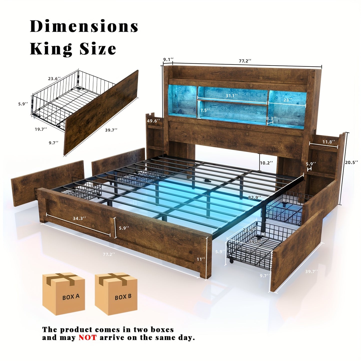 Farmhouse Wooden Bed Frame With 4 Storage Drawers, LED Bed Frame With 49" Tall Bookcase Headboard, Wood Platform Bed With Charging Station & 2 Slide Bedside Shelf