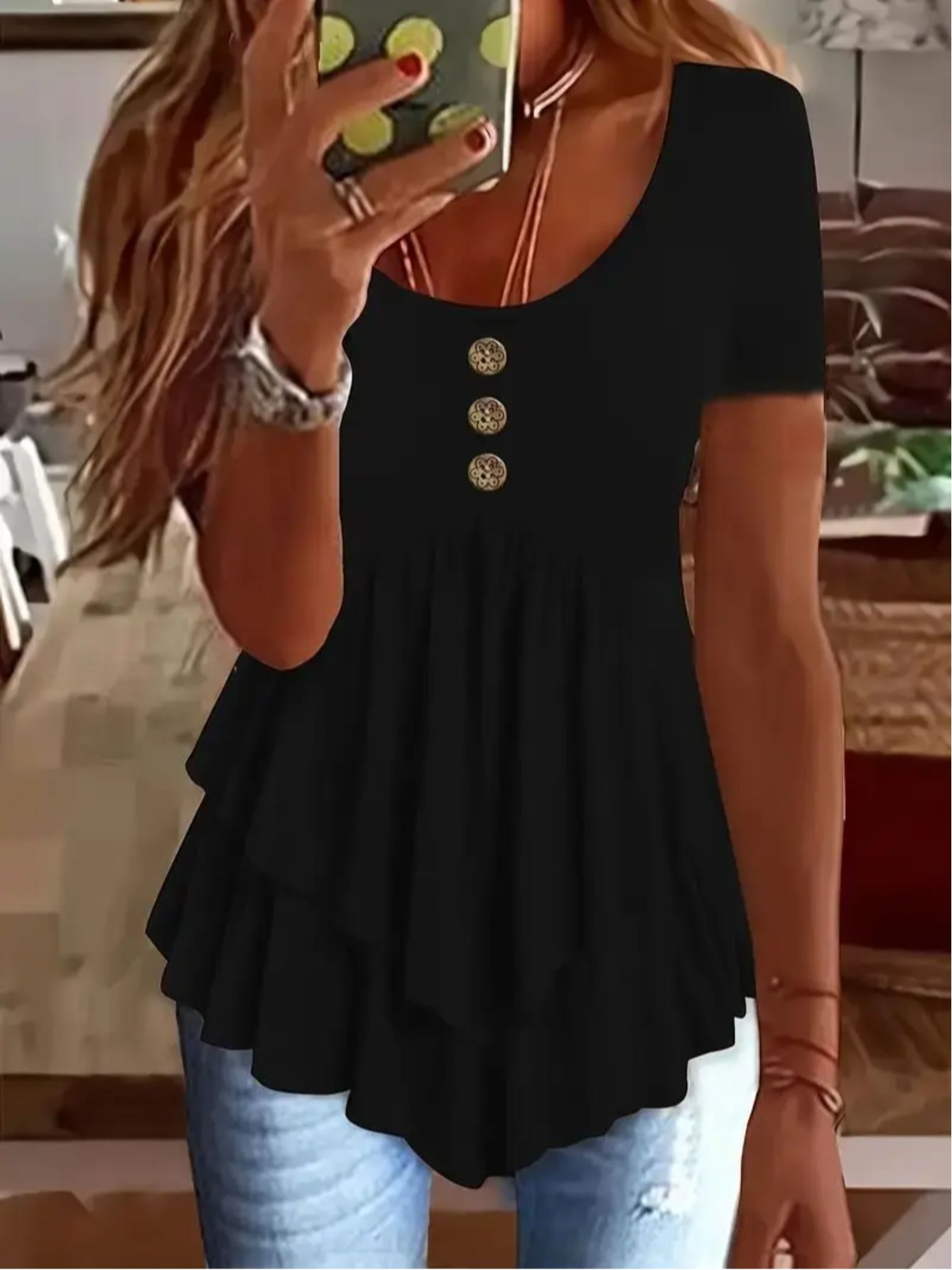 Women's Mint Green Crew Neck T-Shirt - Non-Stretch Casual Blouse with Front Button Closure, Tiered flare hem for Everyday & Formal Outfits - Machine Washable Summer Top, Ladies T-shirts, Nonstretch Fabric, Spring Fashion, Lig