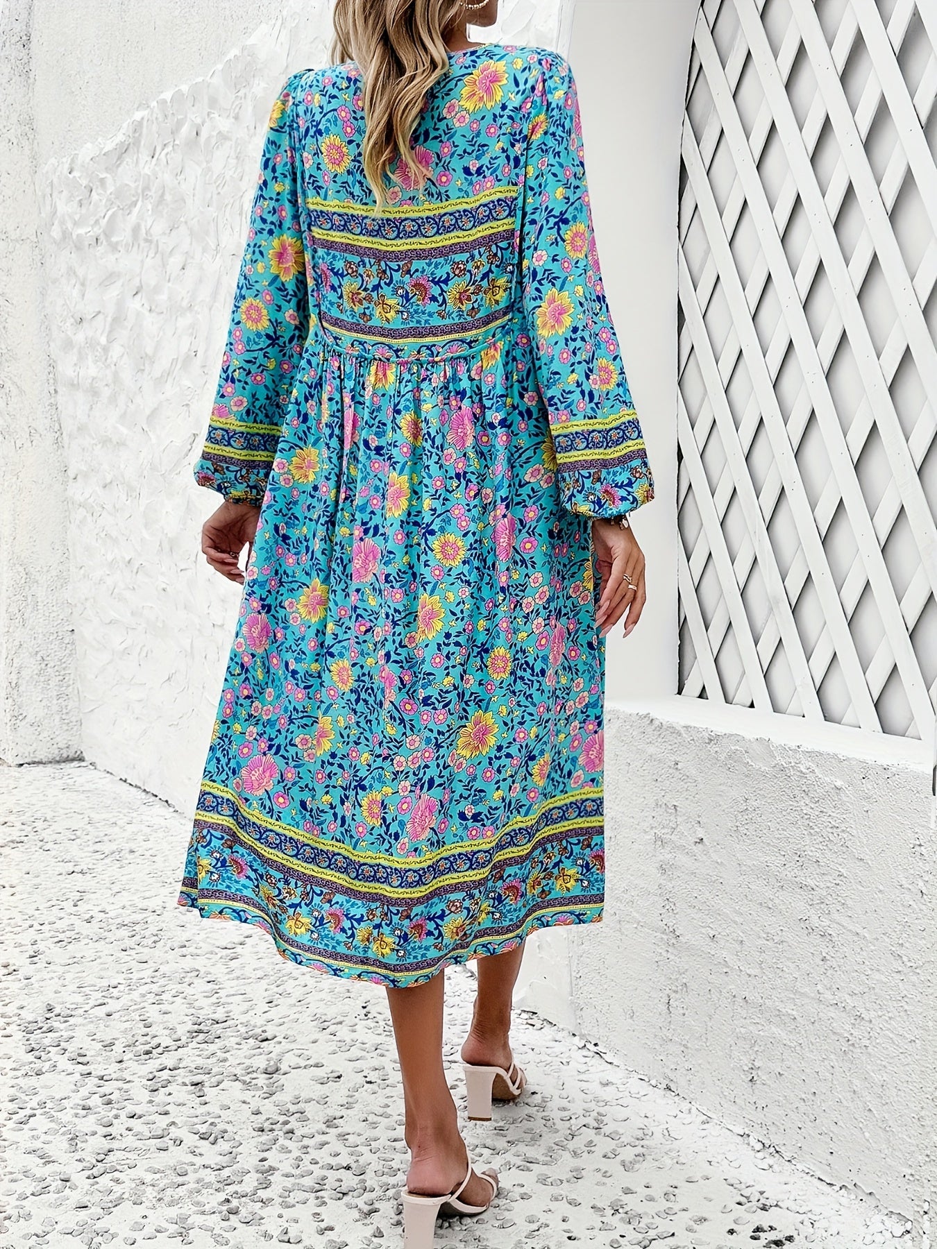 ZAFUL Women's Casual Loose Bohemian Tassel Print Long Sleeve Dress