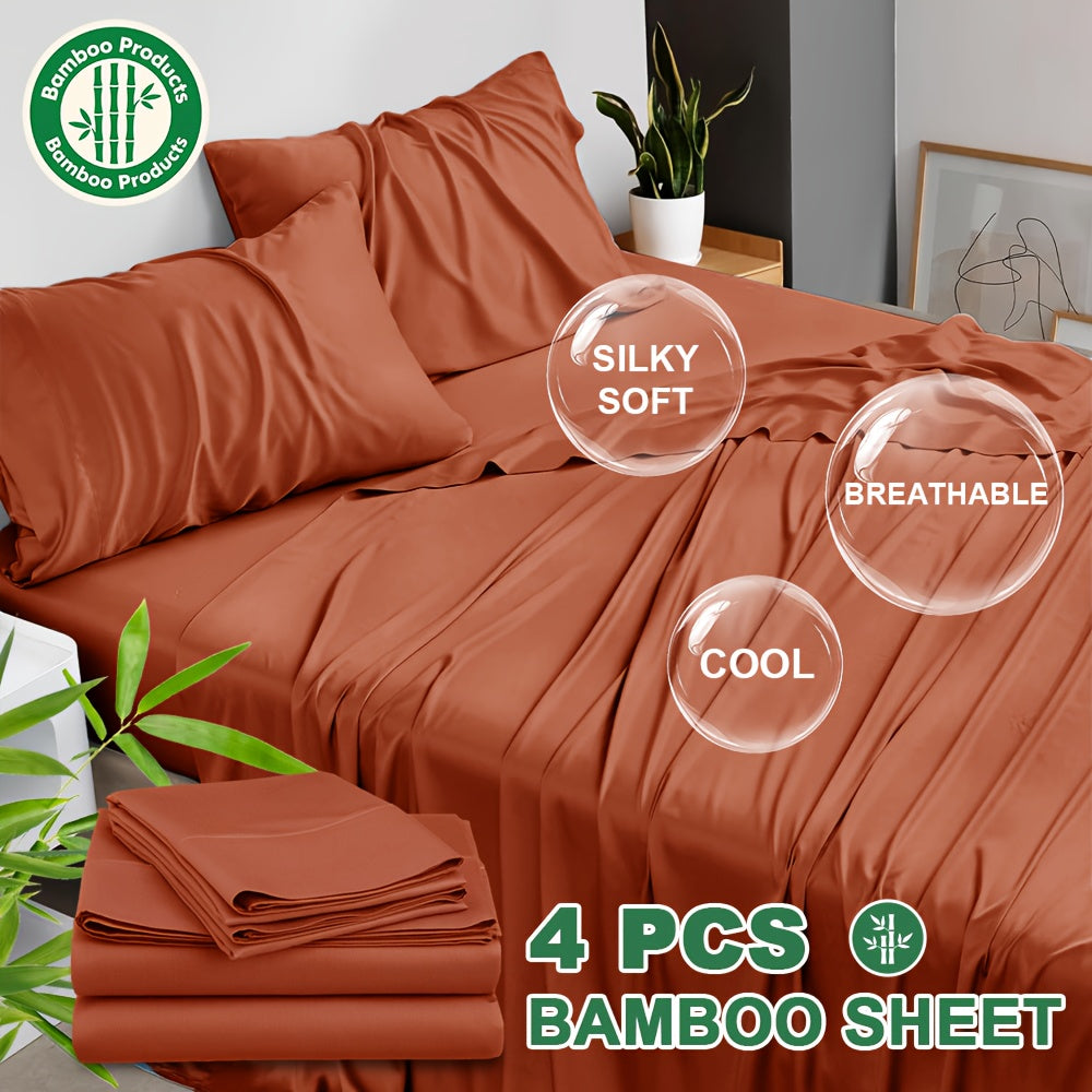 4pcs Cooling Bamboo Blend Bed Sheet Set, Deep Pocket 20" Bed Sheet, Creating A Five Star Hotel Like Luxurious Experience, Deep Pockets (Up To 20"), Wrinkle, Fade, Fitted Sheet+Flat Sheet+Pillowcase