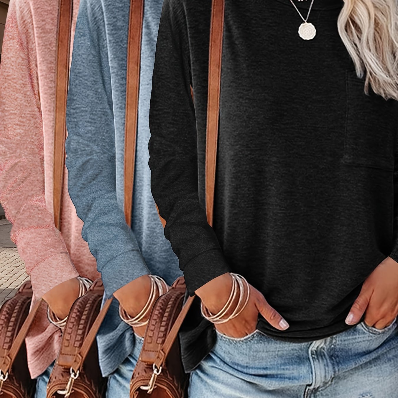 3pcs Women'S Spring And Autumn T Shirt Long Sleeve Chest Pocket Casual Comfort Top