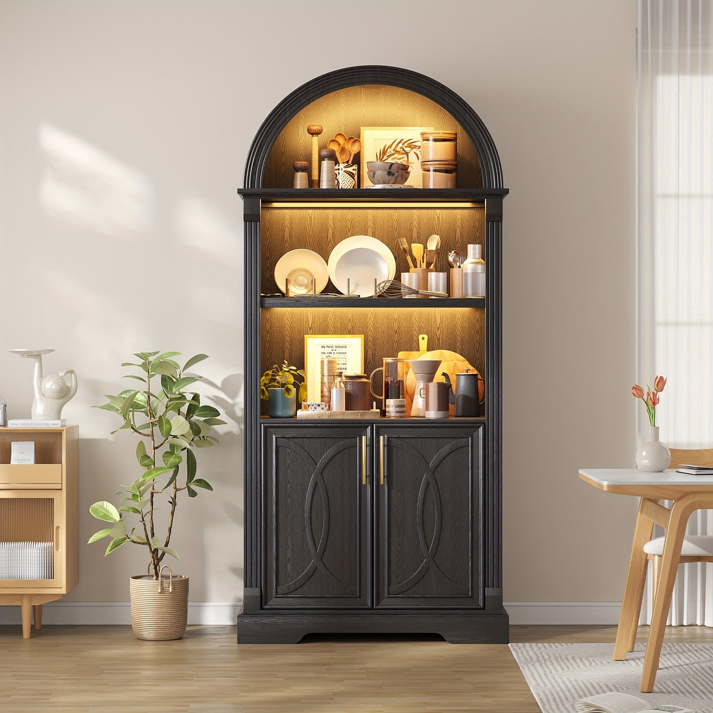 HWB 71" Tall Arched Kitchen Pantry Cabinet with LED Lights - Adjustable Shelves, Open Storage for China, Books & Kitchenware, Modern Wood Cabinet