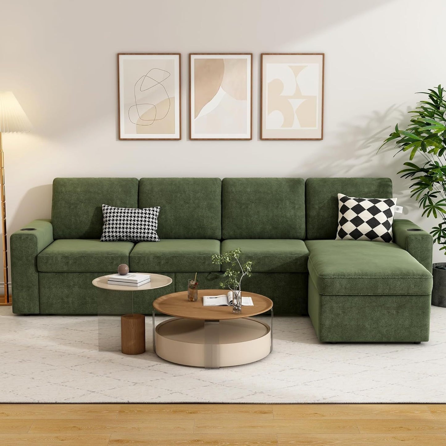 103" Extra Large L-Shaped Sectional Sleeper Sofa Bed with Storage Chaise - Convertible Pull-Out Couch, Cup Holders, Space-Saving Sleeper Sofa for Living Room, Apartment, Guest Room - Modern Sectional Furniture in Neutral Grey