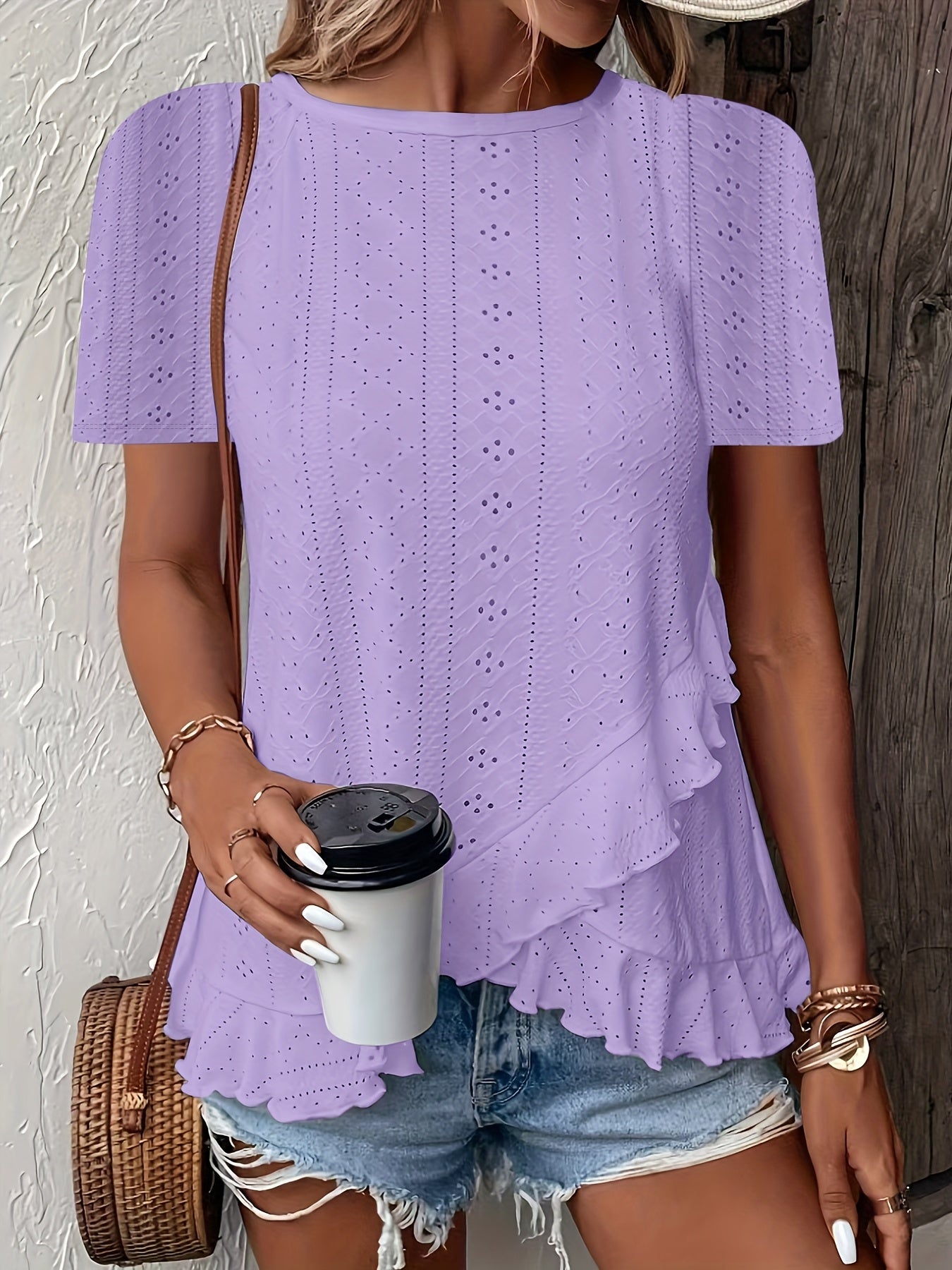 SINHOON Women'S Summer Casual Short Sleeve Solid Color Round Neck T-Shirt With Asymmetrical Hem