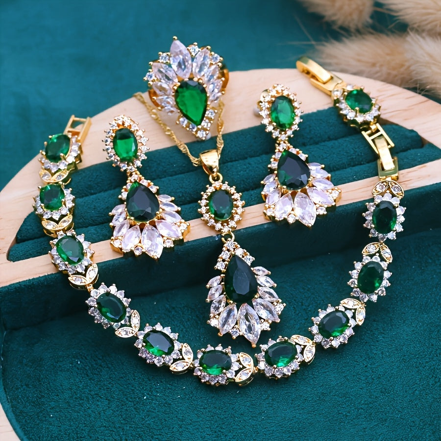 5pcs - Elegant Green Cubic Synthetic Cubic Synthetic Zirconia Jewelry Set, 18K Golden-Plated Jewellry Sets- Stud Earrings, Bracelet, Open Ring And Necklace Set, Suitable for Weddings, Party, Christmas Gift