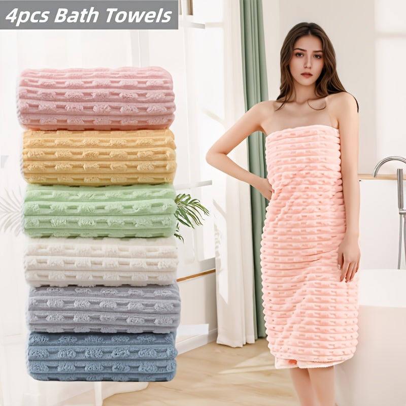 4pcs Waffle Weave Bath Towel Set, Super Absorbent Microfiber Towels, Quick-Dry Textured Towels, Soft Spa & Fitness Towels, Durable for Everyday Use, with Polyester 85%, Nylon 15% - Contemporary Geometric-Pattern Oblong Towel