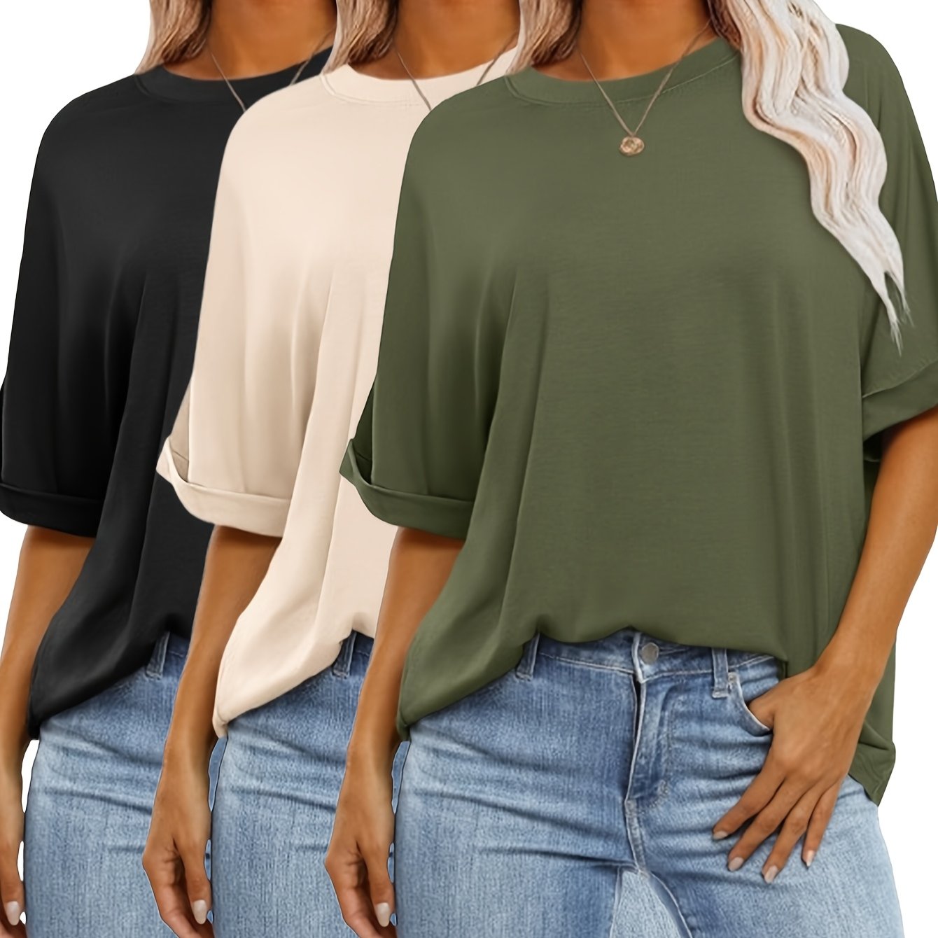 Three-Piece Women's Top Set Oversized T-Shirt Short Sleeve Round Neck Summer Casual Loose Basic Tee 2025 Trendy Fashion Clothing