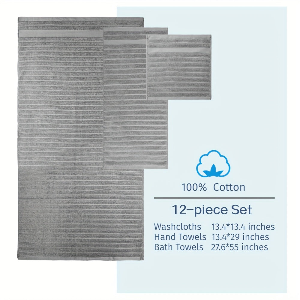 12pcs Cotton Towels Set, 4 Washcloths + 4 Hand Towels + 4 Bath Towels, Bath Line Sets, Festive Bathroom Decor And Gift, Travel Essential ItemsStripe, 400GSM, Quick-drying, Soft And Comfortable, Bathroom Accessories, Towel For