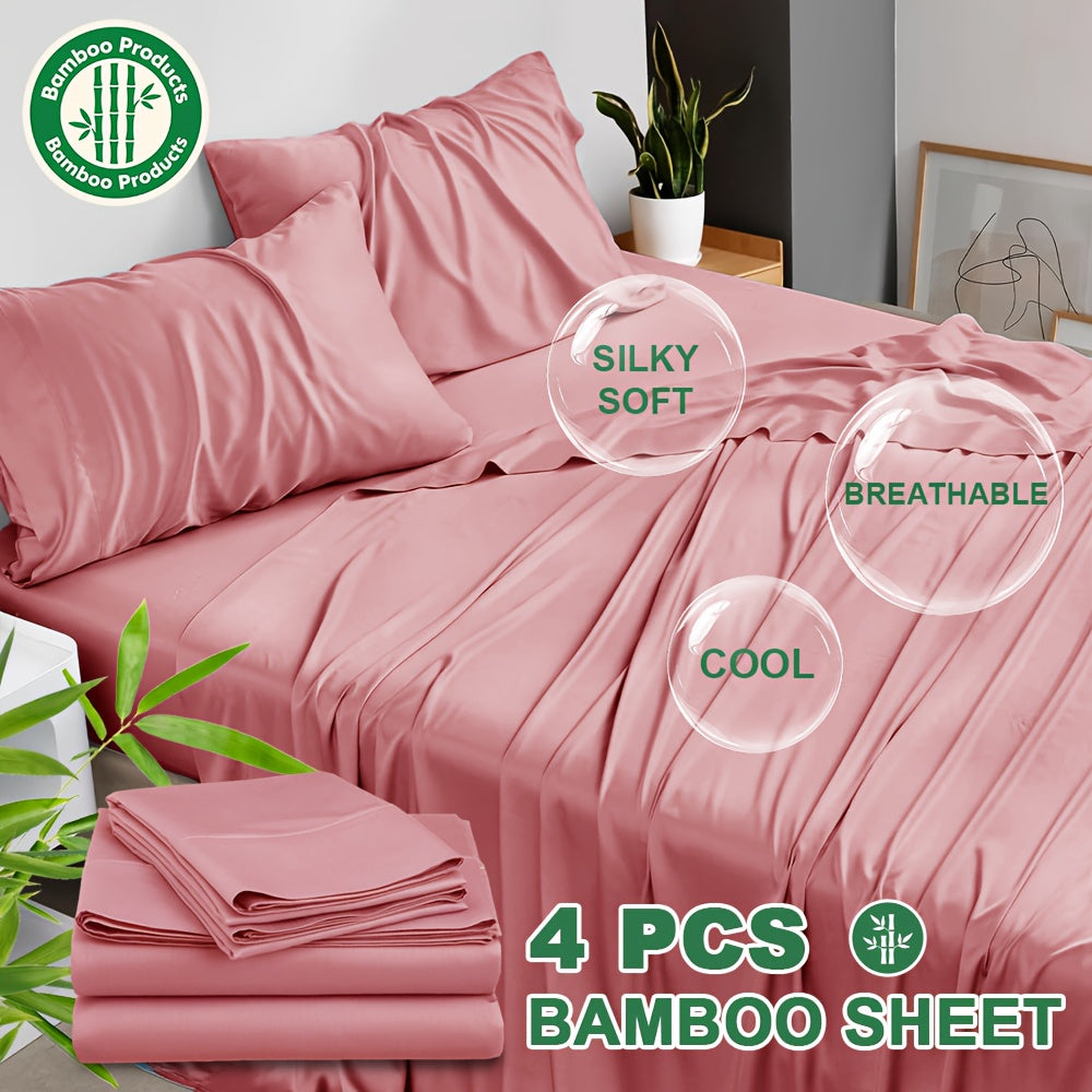 4pcs Cooling Bamboo Blend Bed Sheet Set, Deep Pocket 20" Bed Sheet, Creating A Five Star Hotel Like Luxurious Experience, Deep Pockets (Up To 20"), Wrinkle, Fade, Fitted Sheet+Flat Sheet+Pillowcase