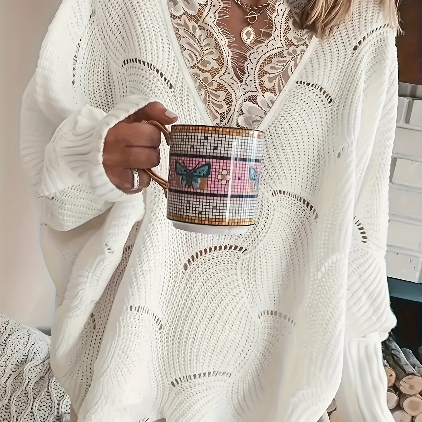Women'S Casual Acrylic Knit Pullover Sweater with Contrast Lace Detail - V-Neck, Solid Color, Perfect for Spring/Summer/Fall