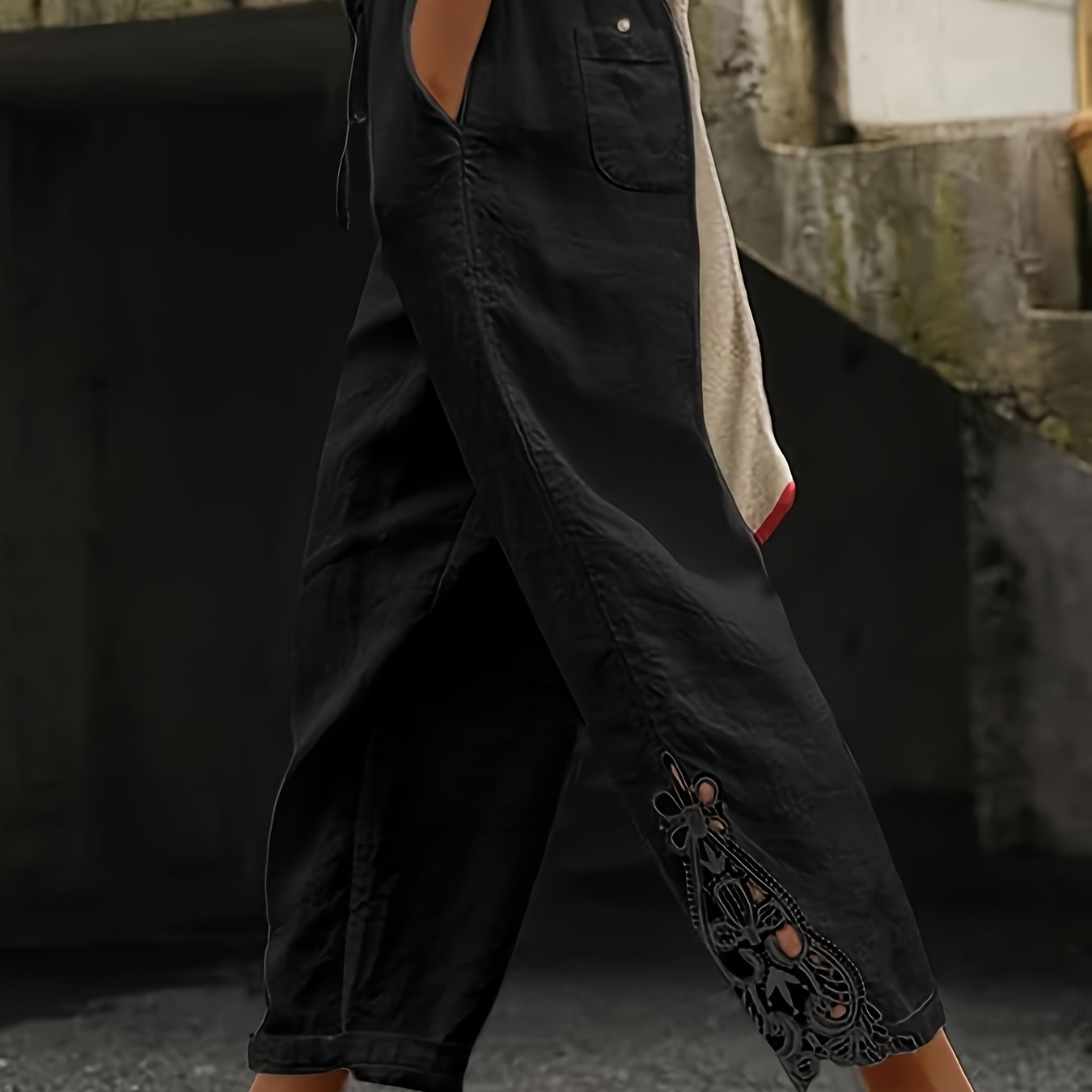Women'S Casual Fashion Trousers - With Pockets, Waist Drawstring Design, Lace Stitching Design On The Trouser Legs, Suitable For Daily Commuting, Casual Outings, Vacation Travel, Spring, Summer And Autumn Trousers