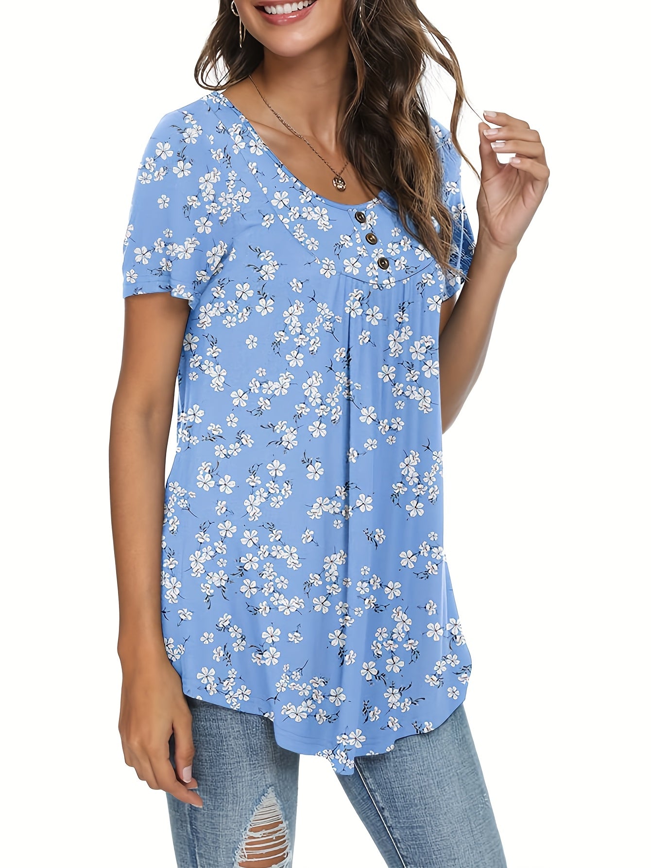Women'S Casual Floral Print Blouse with Ruffled Hem & Button Details - Short Sleeve Round Neck Top, Light Blue Floral Design, Perfect for Spring/Summer Outfits, Ladies Blouses