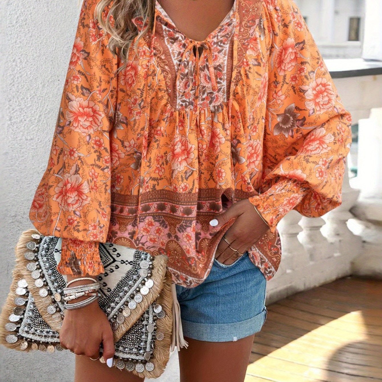 Women's Bohemian Floral Print V-Neck Long Sleeve Blouse - Elegant All-Season Top with Multicolor Blue Pink Green Purple Orange Yellow White Patterns, Lace-Up Front & Machine Washable Shirt for Beach Vacation & Casual Attire,