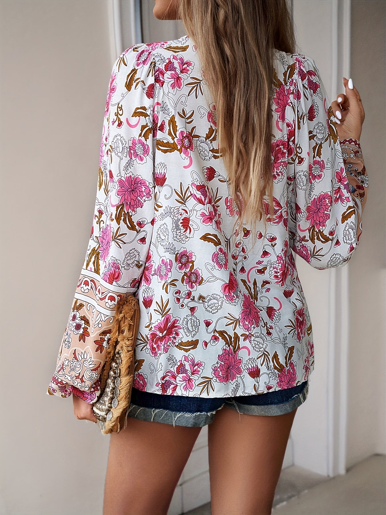 Boho Chic Floral V-Neck Blouse with Tie Detail - Long Sleeve, Casual Resort Wear for Women, Temperament, Fringed Shirt, Leisure Style, ALL/Global/All