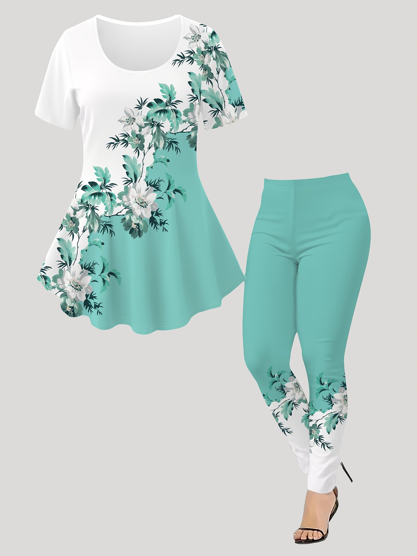 Women'S Fashionable Elegant Floral Print Round Neck Short Sleeve T-Shirt + Long Pants Two-Piece Set, All-Season Wear, Casual Attire|Floral Print Top|Polyester Fabric