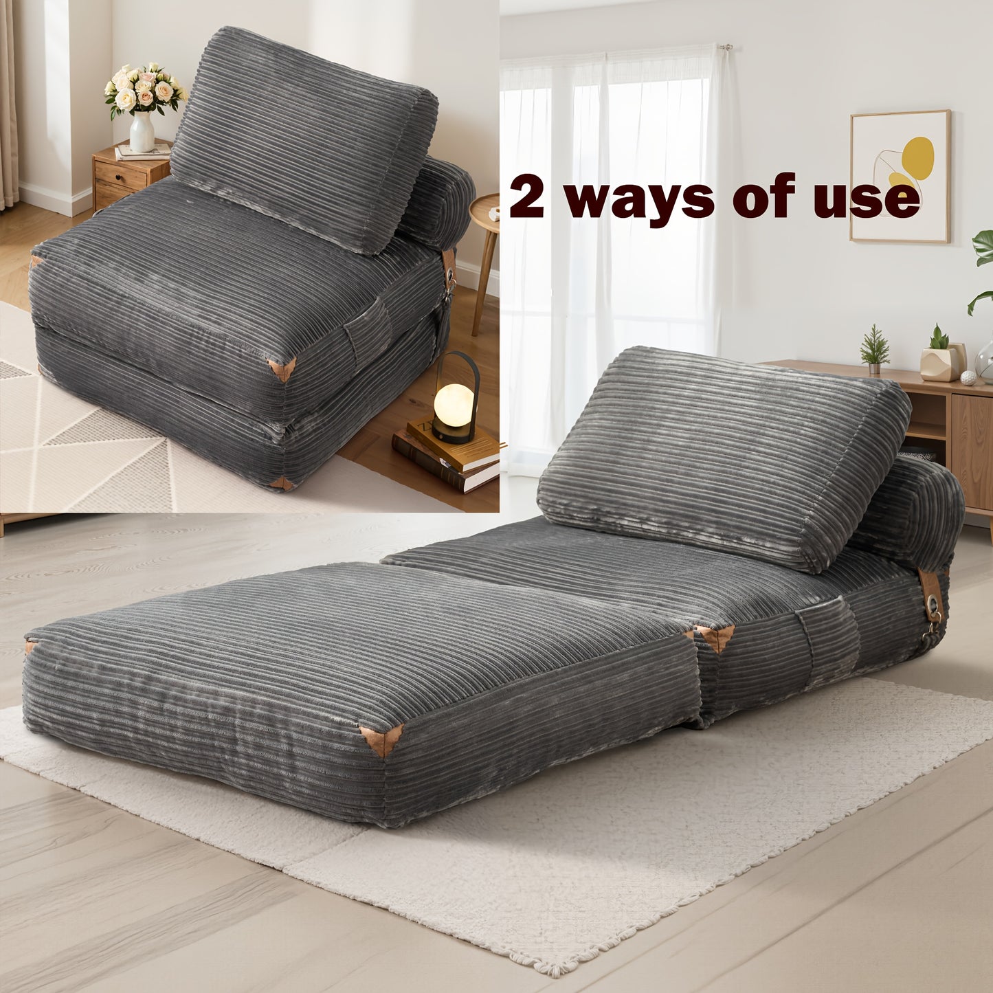 36", 83" Sleeper Couch No Assembly Required, Corduroy Convertible Chair Bed/ Single Folding Sofa Bed With Pillow, Space-Saving Sleeper For Small Bedrooms, Versatile Seating/Minimalist Interior Decor/Upholstery (Use Against Th