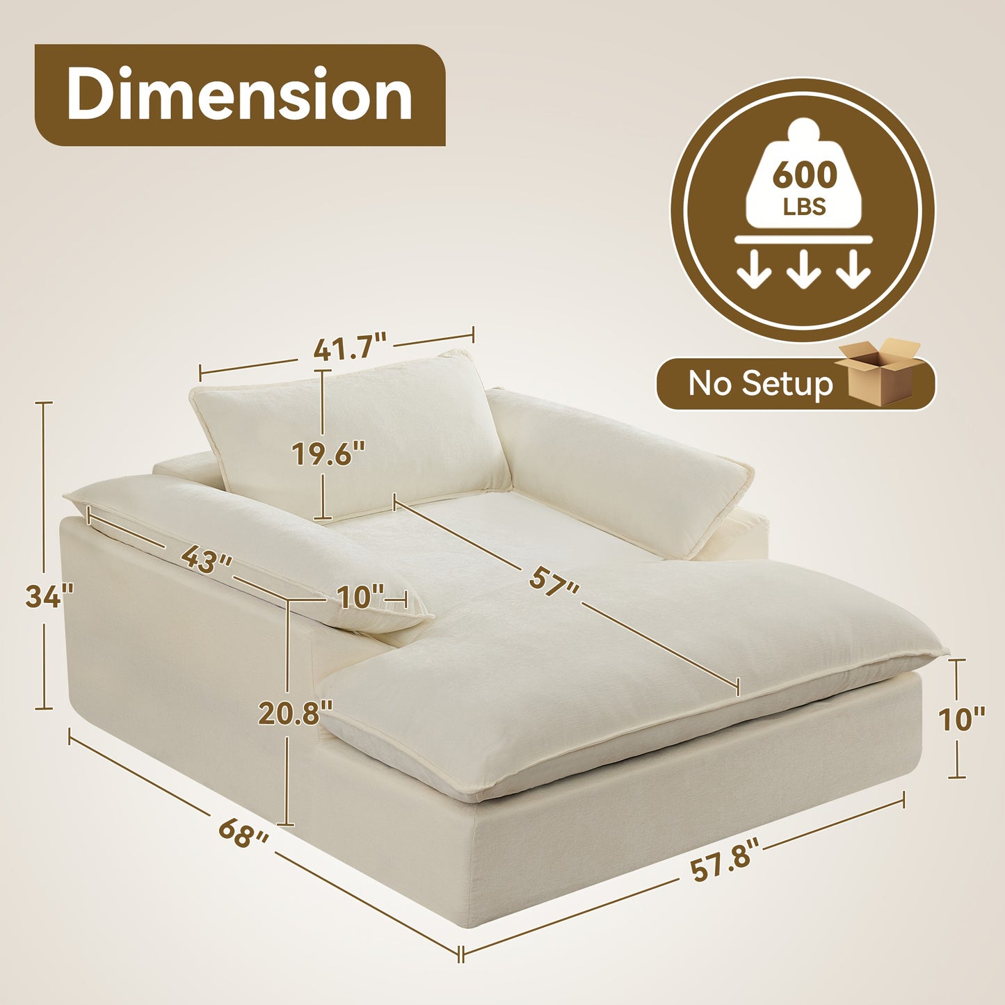 69" Oversized Boneless Chaise Lounge Chair - Modern White Chenille Upholstered Sofa Bed with Pocket Springs, No Assembly Required, Plush Cushioned Reading Chair with Ottoman for Living Room, Bedroom, Office - Space-Saving Con