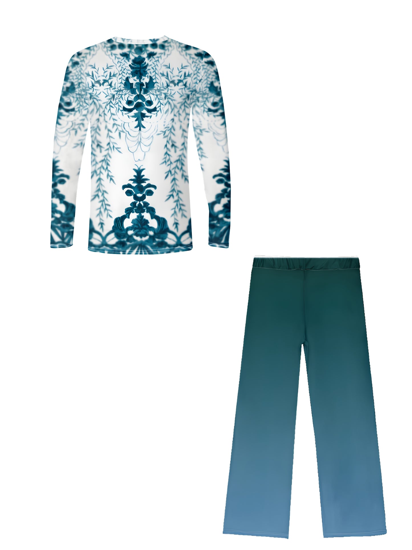 Elegant Women's Casual Outfit Set - Comfortable Polyester, Round Neck Long Sleeve Top & Geometric Print Pants, Machine Washable, Casual, Fashion