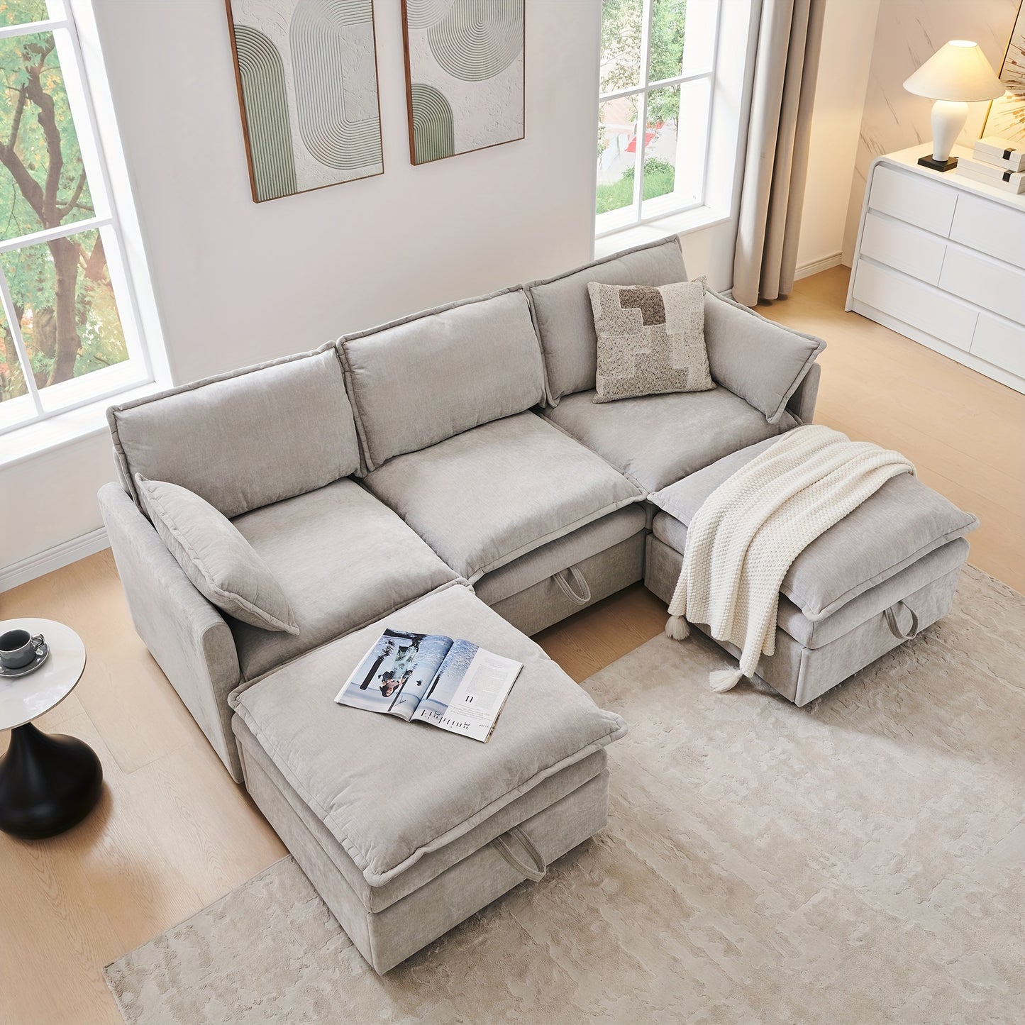 Modern Cloud Sectional Sofa, U-Shape 3 Seater Modular Sofa with Ottoman, Chenille Sofa with Deep Seat & Pillow for Living Room, Bedroom