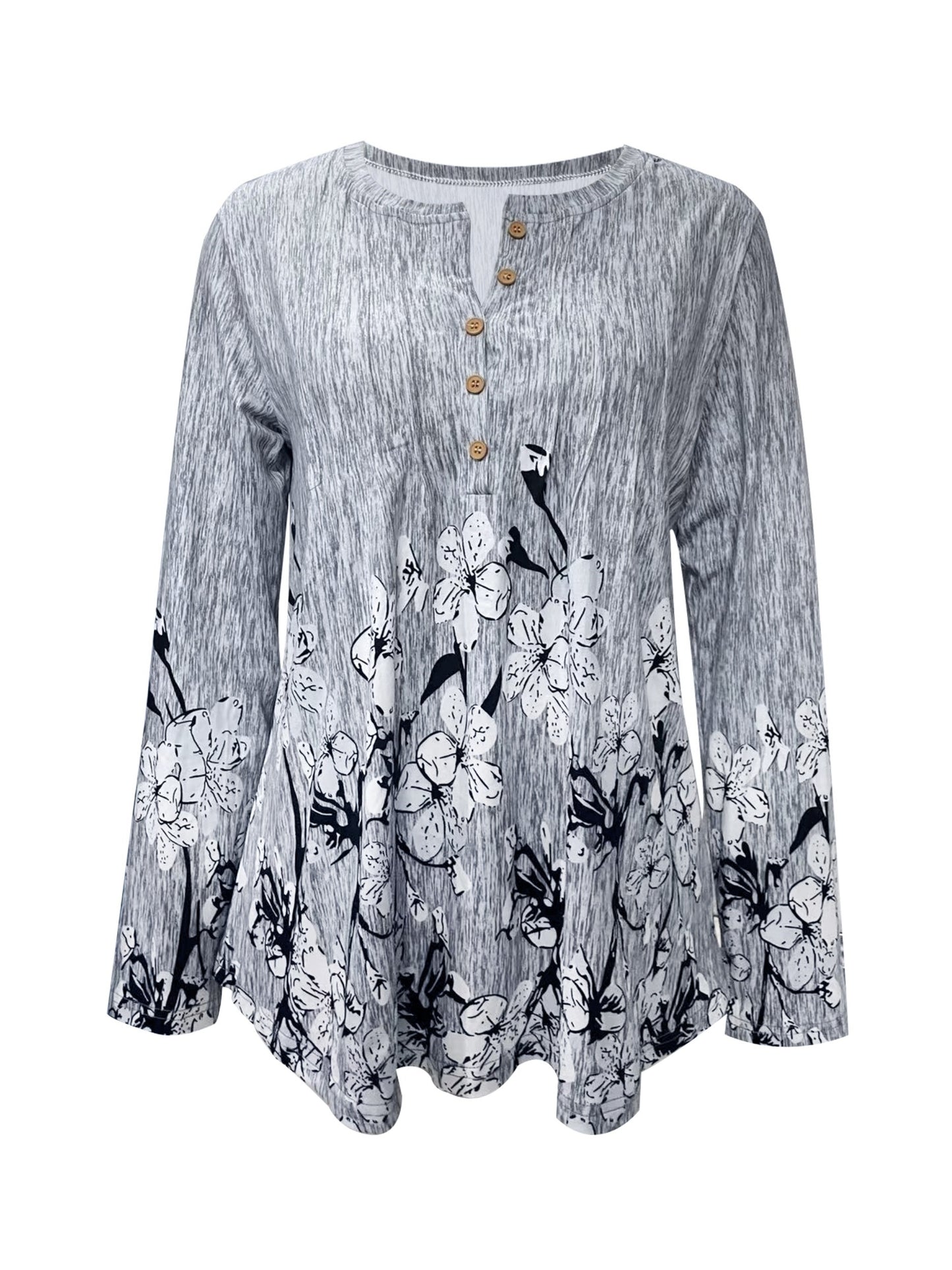 Spring And Autumn Casual Printed Button Round Neck Long Sleeve T-Shirt