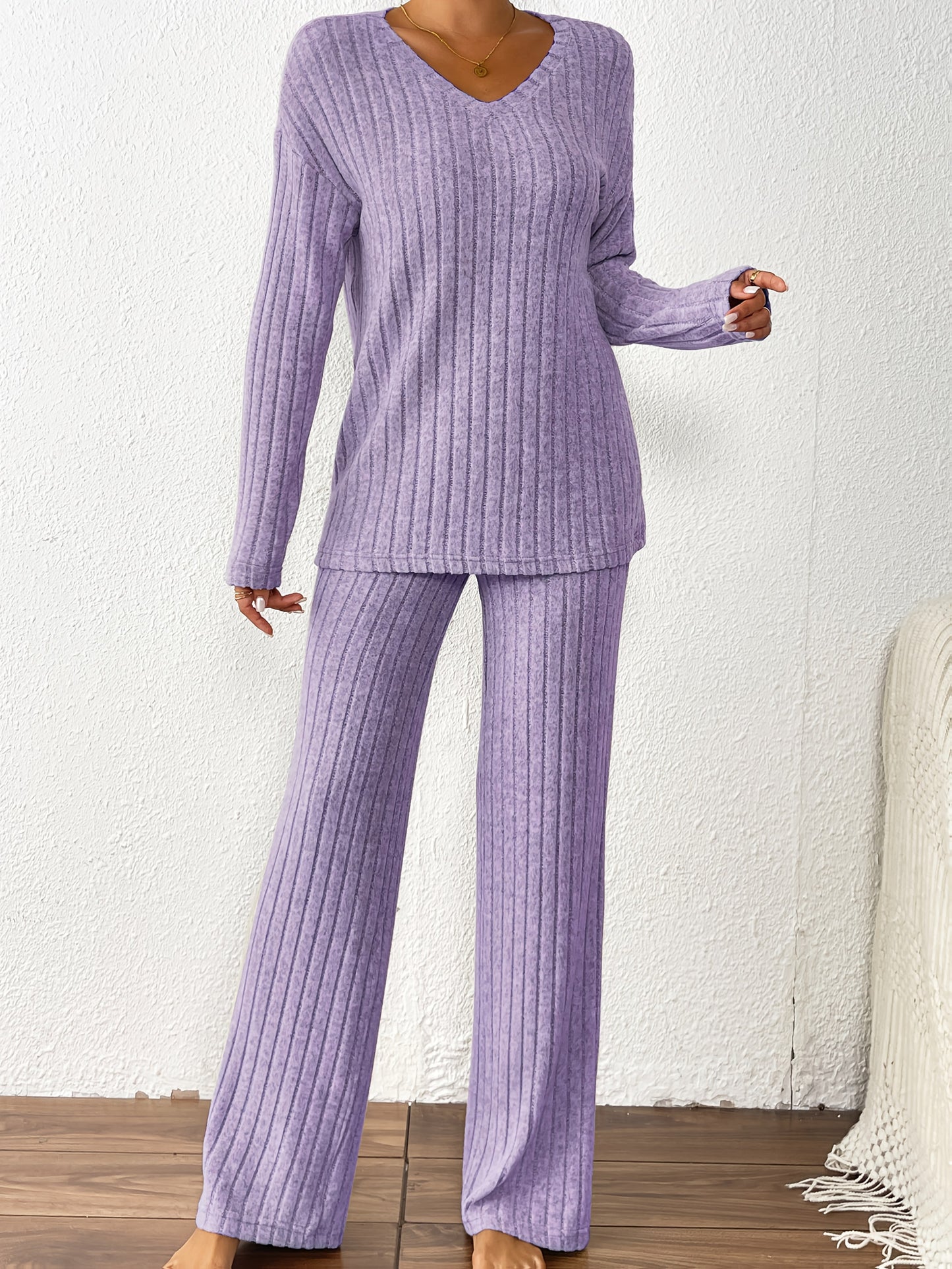 Cozy Ribbed V-Neck Top & Wide-Leg Pants Set - Soft Purple, Long Sleeve, Loose Fit, Perfect for Fall/Winter, Casual Wear|Vneck Top|Ribbed Texture