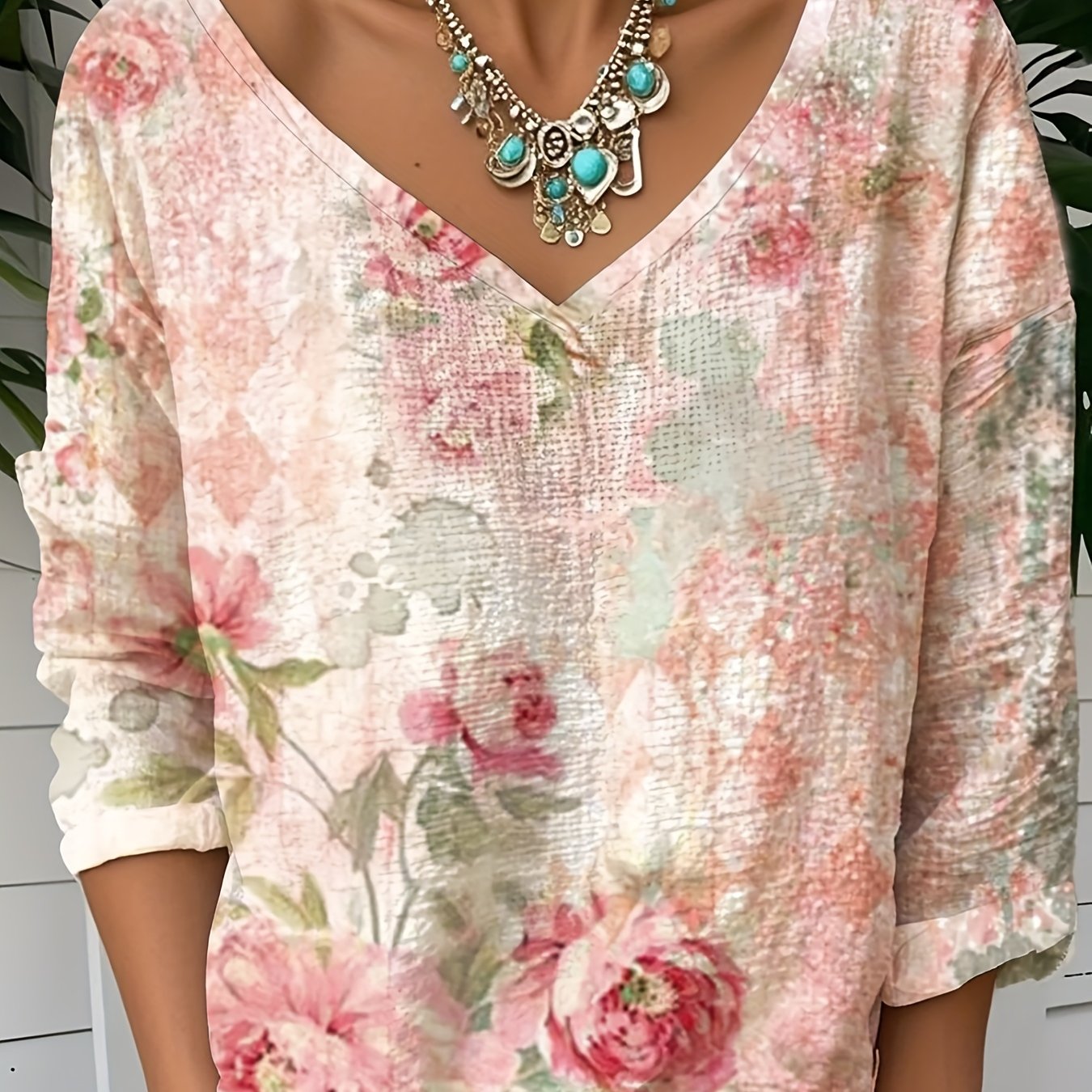 Women's Vintage Casual 3D Floral Print V-Neck Long Sleeve Blouse - Lightweight Summer Shirt with Pink Roses & Green Foliage Design, Machine Washable, Relaxed Fit Top, Soft Texture Apparel, Everyday Top, Breathable Fabric, Adu