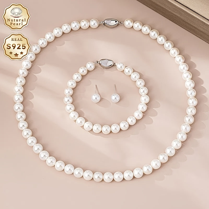 925 Sterling Silvery Freshwater Cultured Pearl Necklace Set with Stunning Bracelet and Stud Jewelry Set - Gift Giving, Banquet, Party, Fall/Winter Sweater Accessories