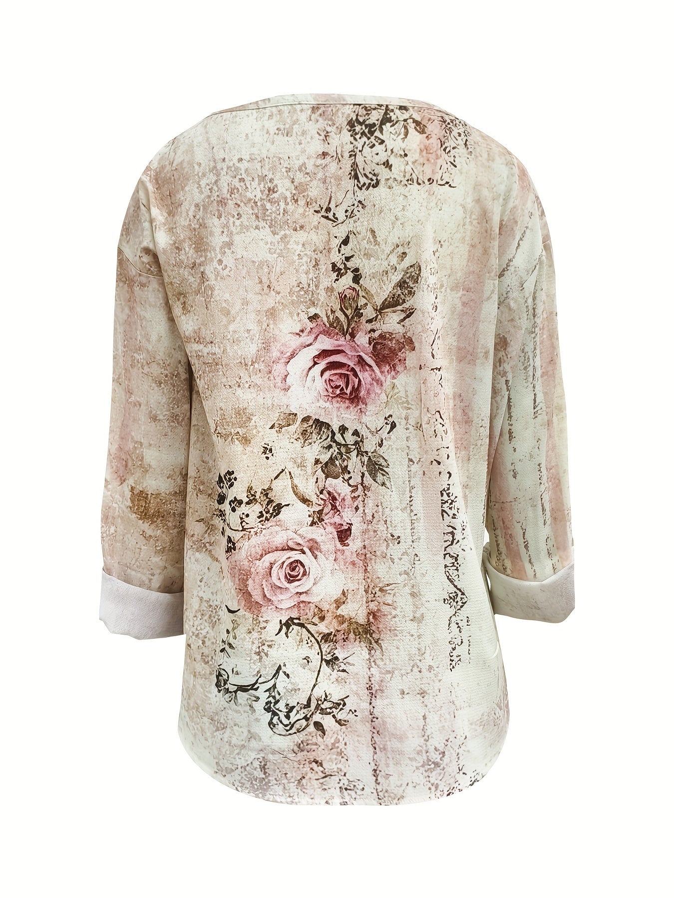 Women's Vintage Casual 3D Floral Print V-Neck Long Sleeve Blouse - Lightweight Summer Shirt with Pink Roses & Green Foliage Design, Machine Washable, Relaxed Fit Top, Soft Texture Apparel, Everyday Top, Breathable Fabric, Adu